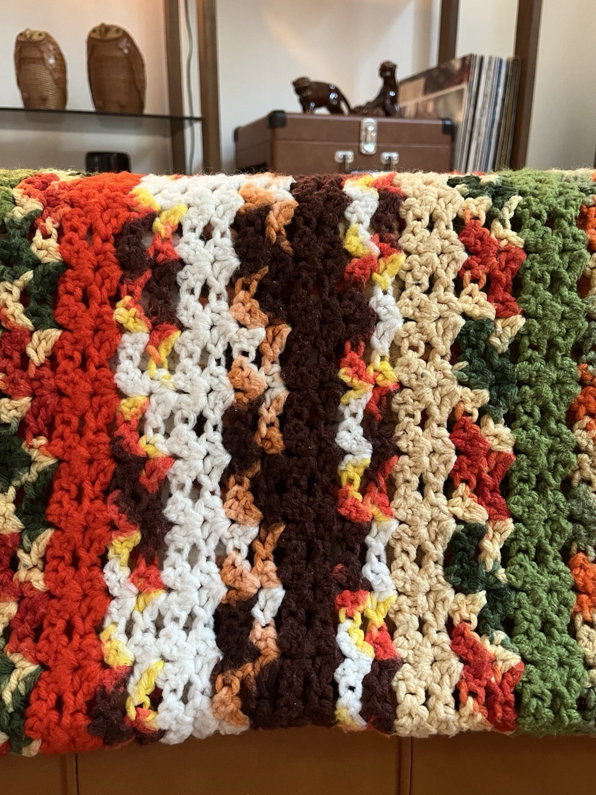 VTG 70’s Hand Crocheted Afghan Sofa Throw 51”x44” w/ All The Right Colors