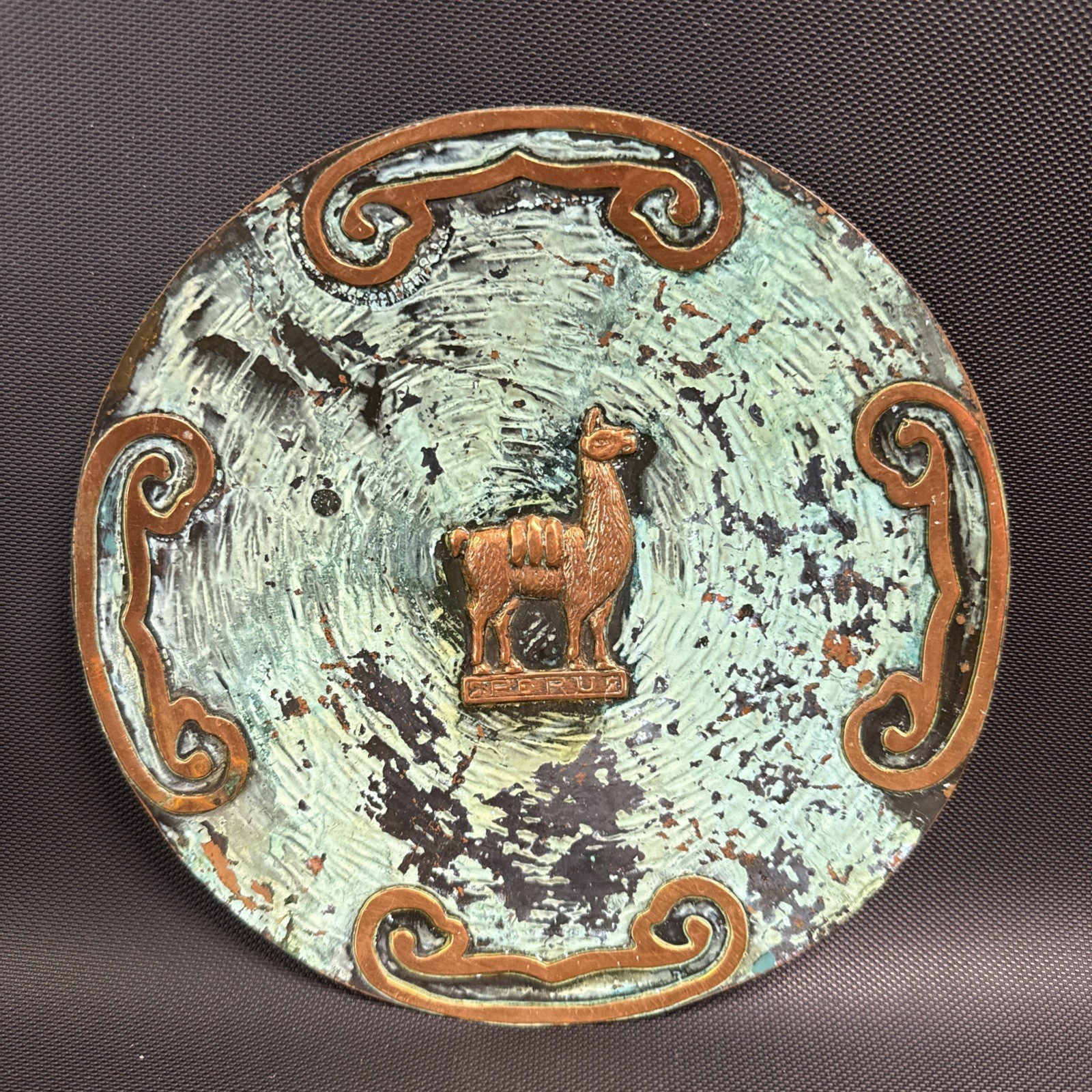 Vintage Peru Copper Brass Wall Plate Verdigris Patina Alpaca Tribal Art