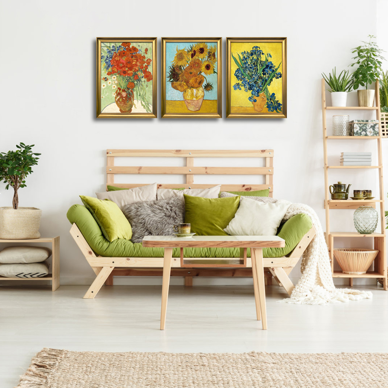 Framed 3 Panel Canvas Art of Van Gogh Red Poppies and Daisies Sunflower Irises