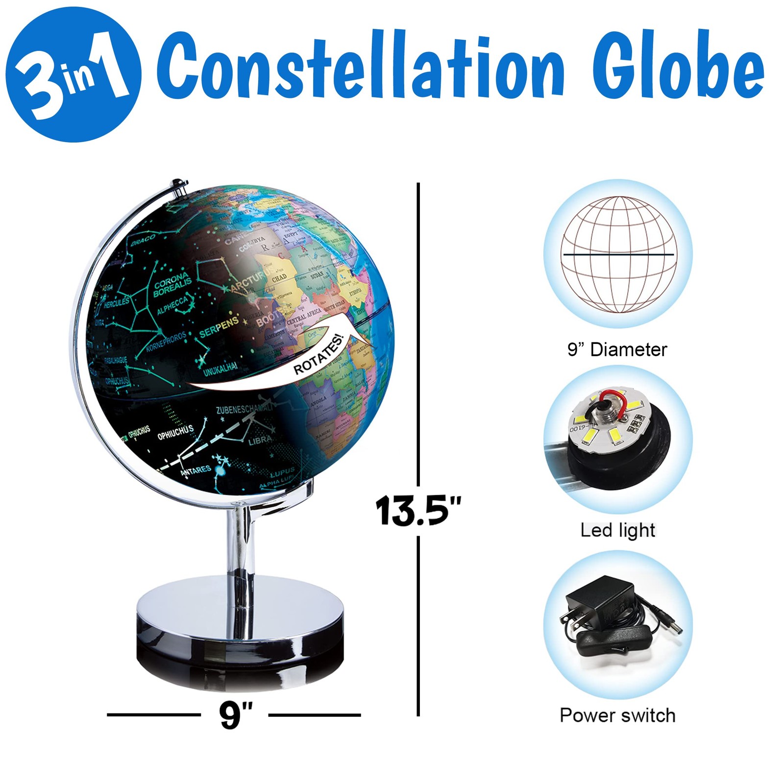 USA Toyz Illuminated World Globe with Stand – 3in1 STEM Globes for Adults and