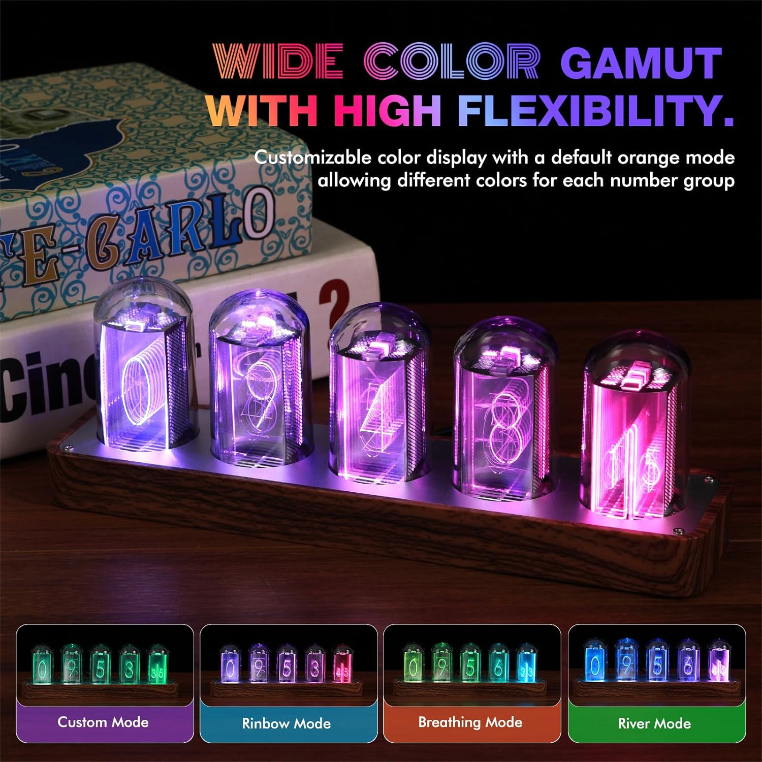 Walnut Nixie Tube Clock with Wi-Fi Sync, Alarm & Timer – Retro Gift Idea
