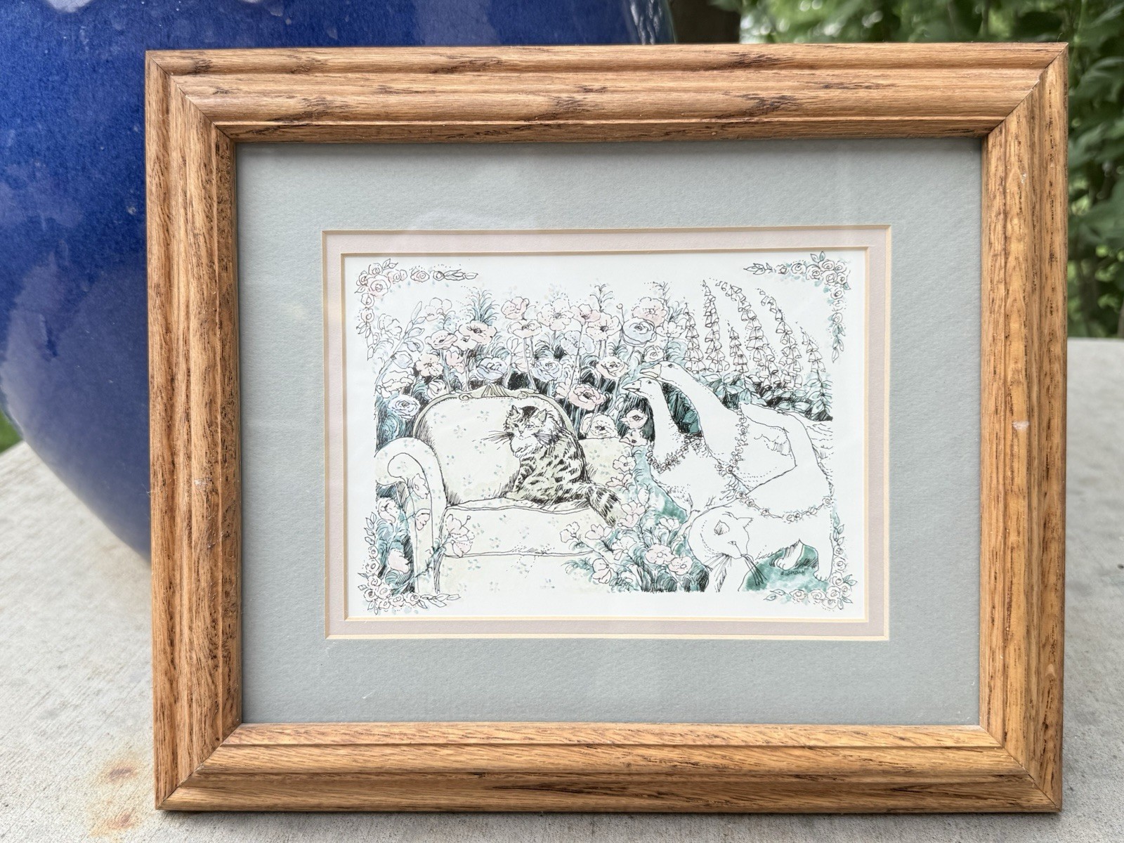 Cottage Cats & Geese Garden Framed Print Rustic Wood Frame Wall Art Décor
