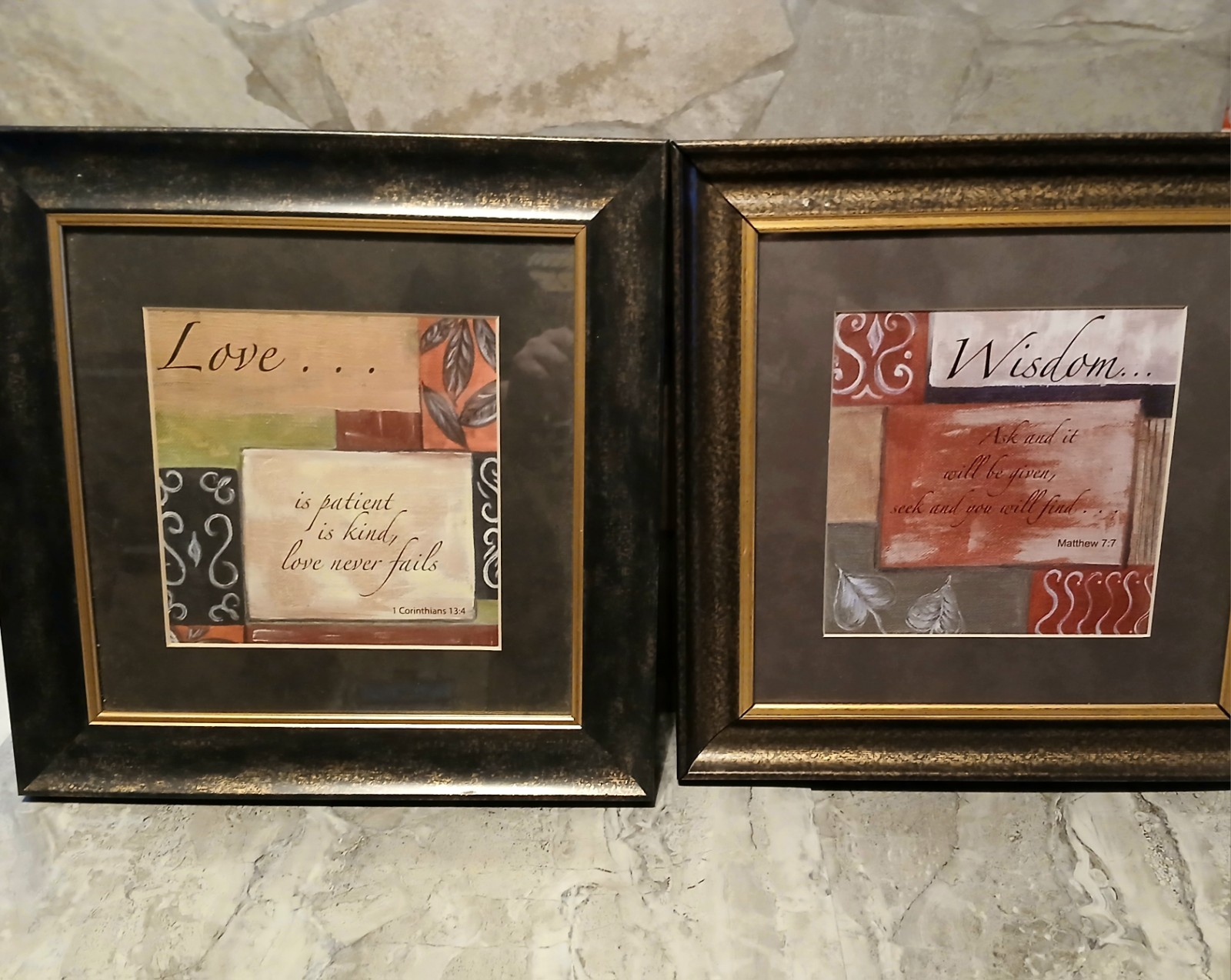 Lot of 2 Framed Wall Art 13×13 Prints Home Decor with Biblical Scriptures Love