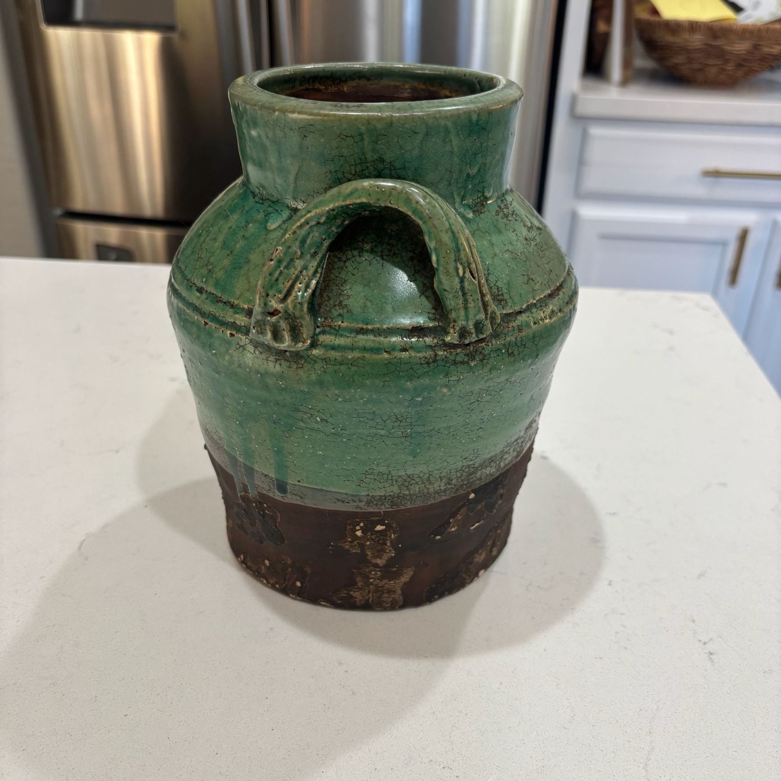 Rustic Two-Tone Green and Brown Glazed Terracotta Vase with Handles 8.5 Inches T