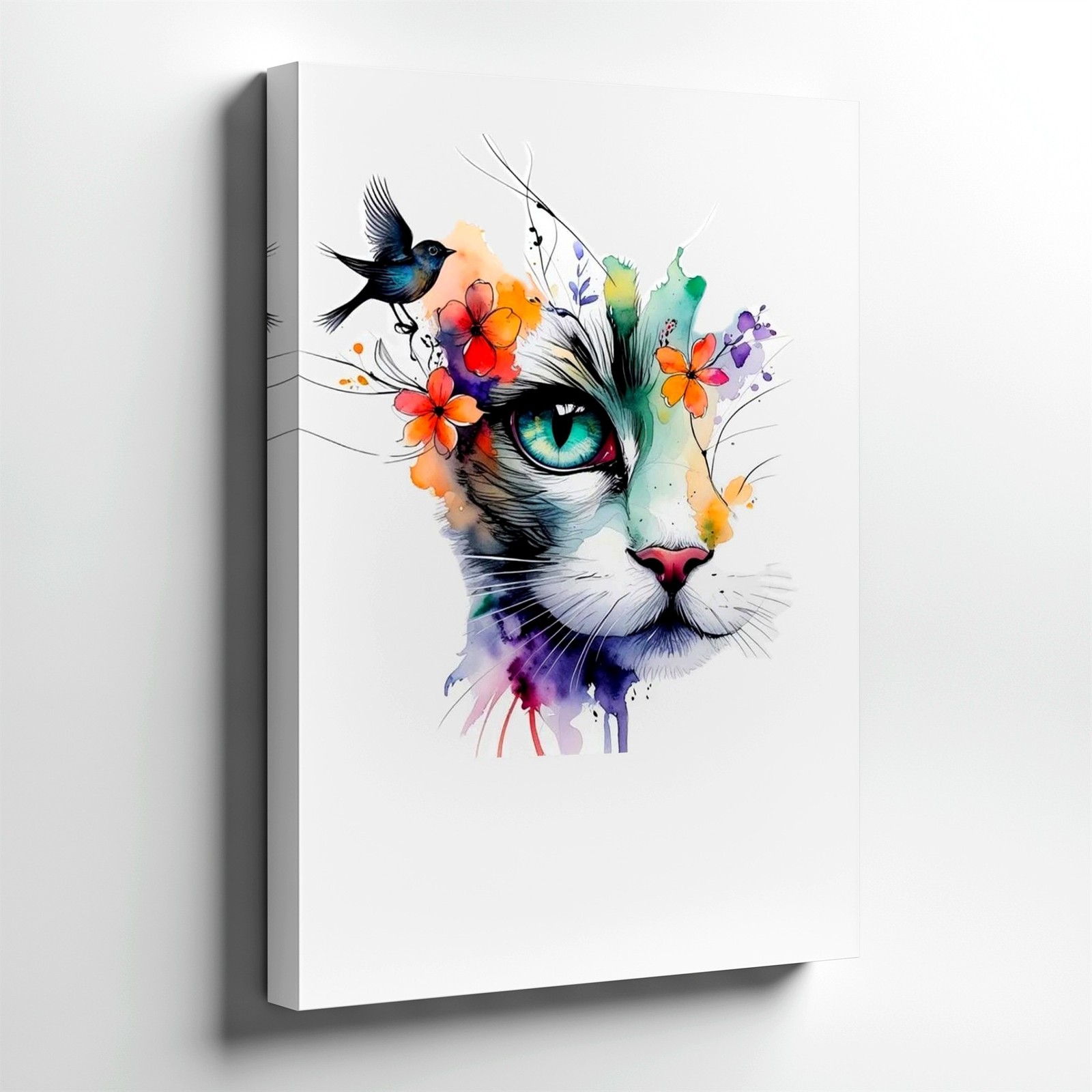 Wall Art Colorful Watercolor Cat Face with Flowers Bird Abstract Animal Print