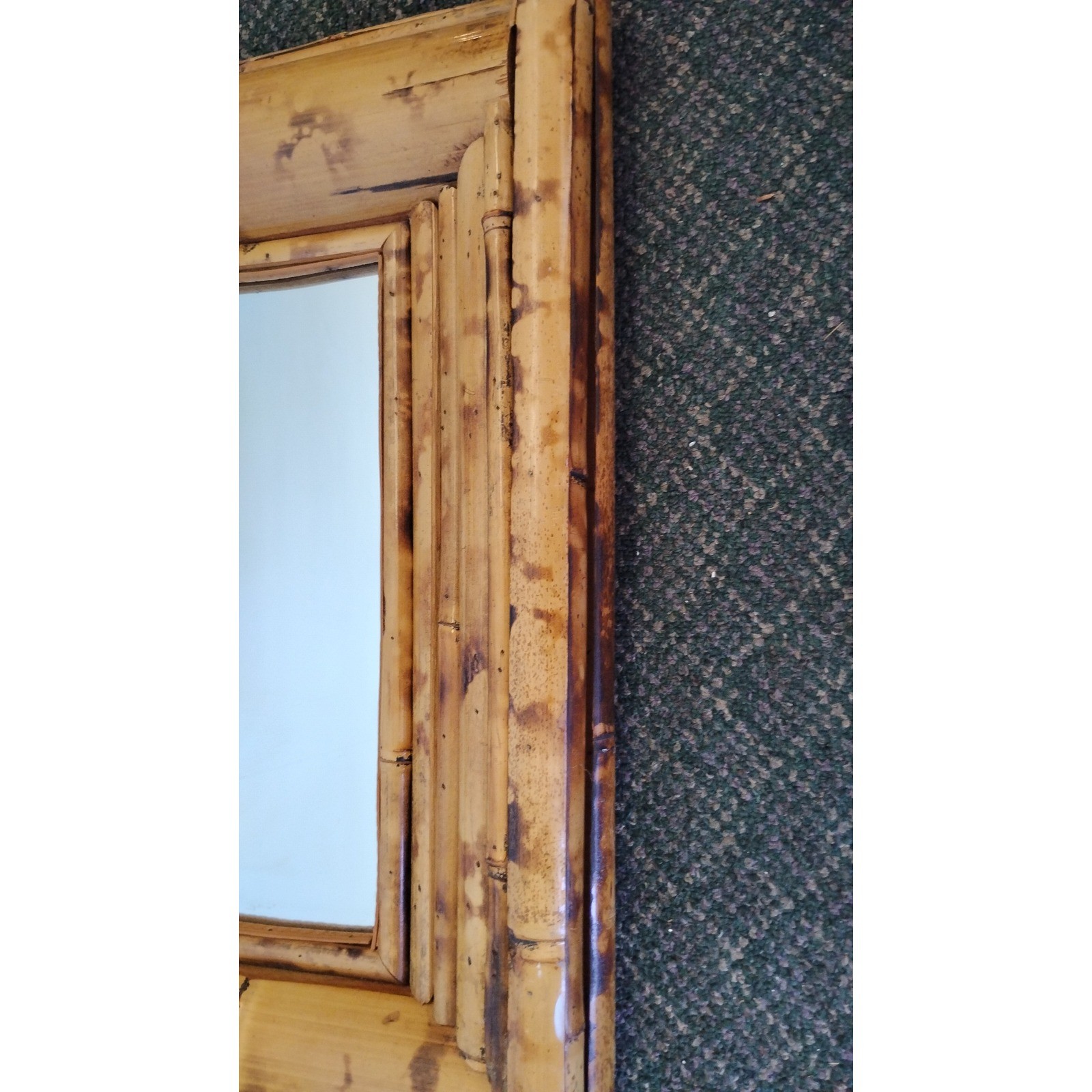 Burnt Split Bamboo Wall Mirror Pediment Top Boho 32×25 Tiki 60s Unique Large