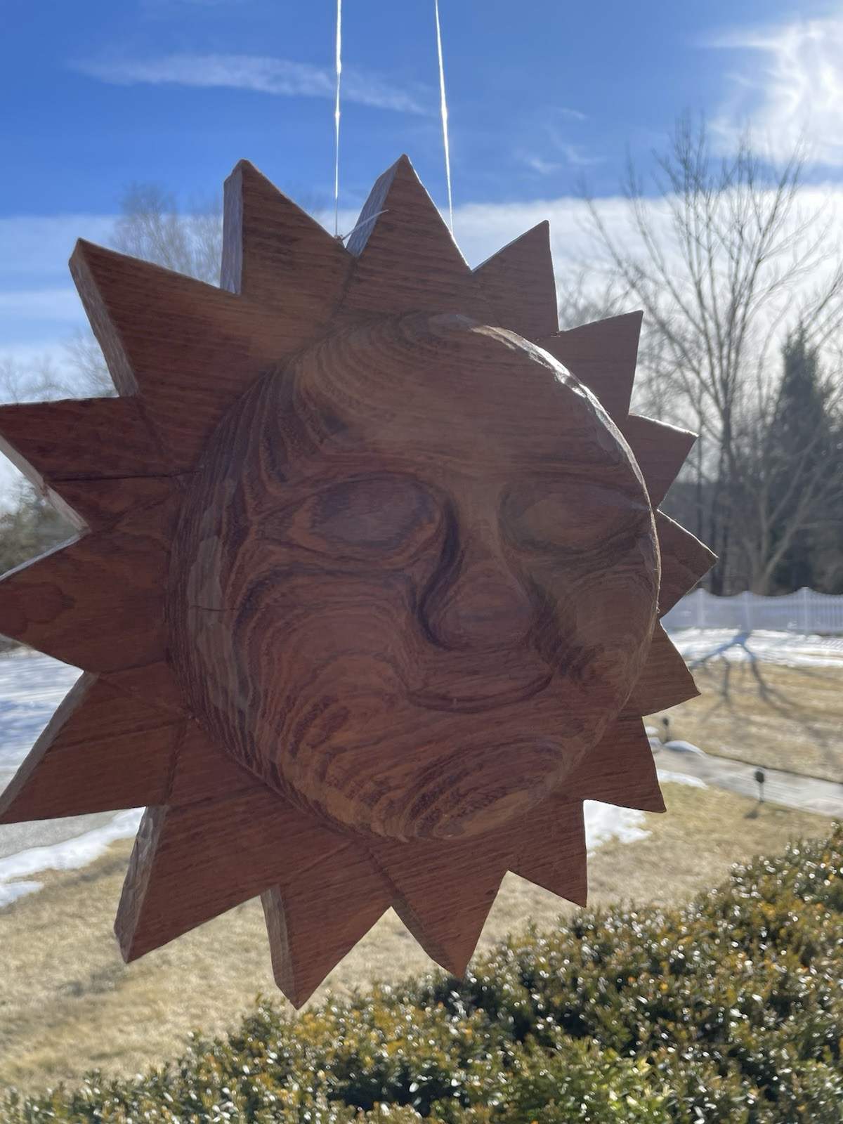 Carved Hard Wood Sun Face 3D Wall Hanging Double Sided Decorative