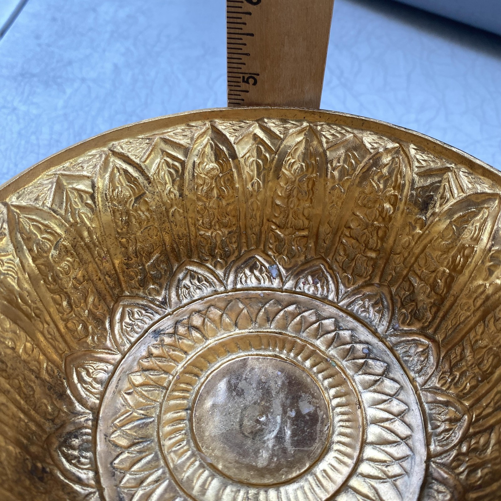Vintage Style Phan Lao Thai Design High Foot Gold Tray Embossed Aluminum 6″ x 5″