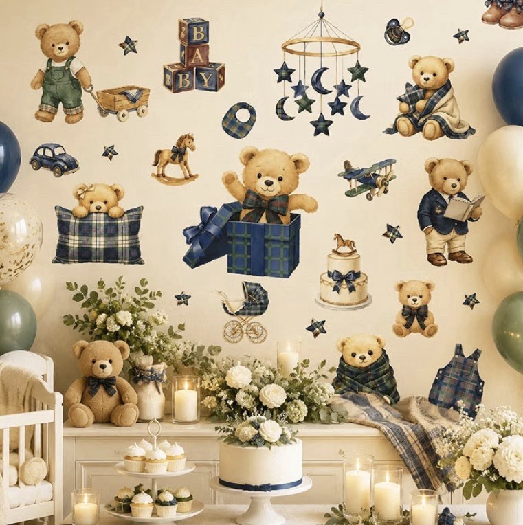 9 Sheets Blue Green Plaid Bear Wall Stickers Cute Vintage Nursery Decoration