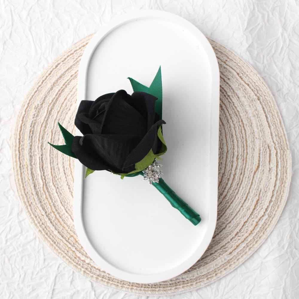 Black Rose Wrist Corsage and Boutonniere Set for Weddings and Events