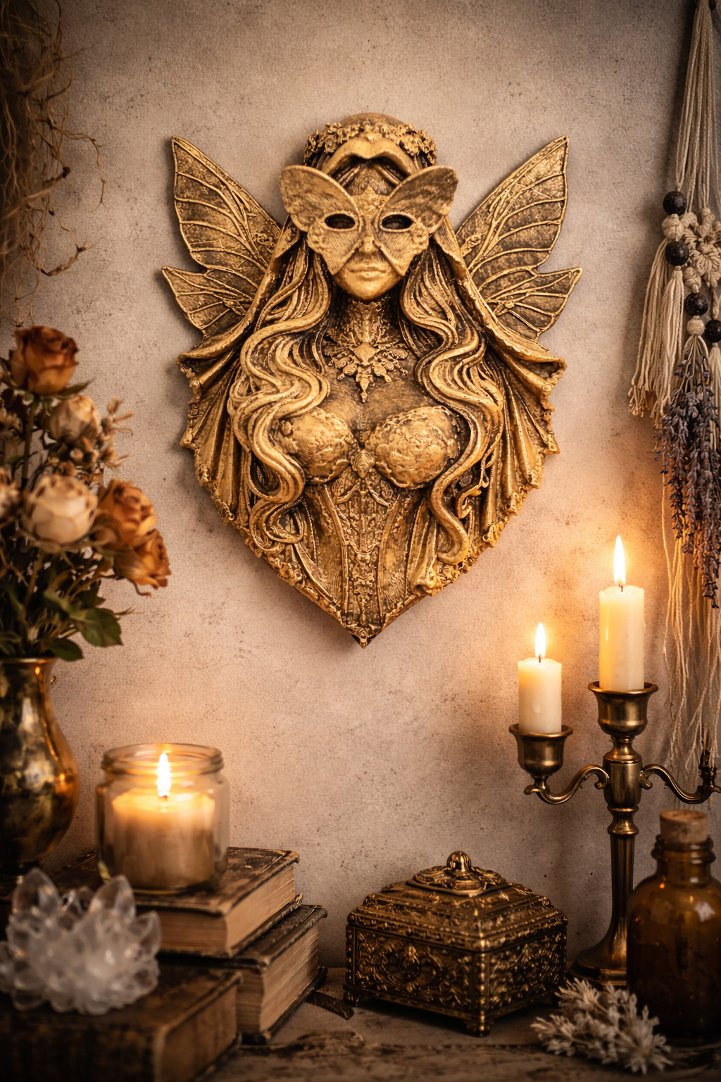 Fairy Queen Wall Sculpture Fantasy Gothic Fae Gold Hanging Decor Gamer Art 8”