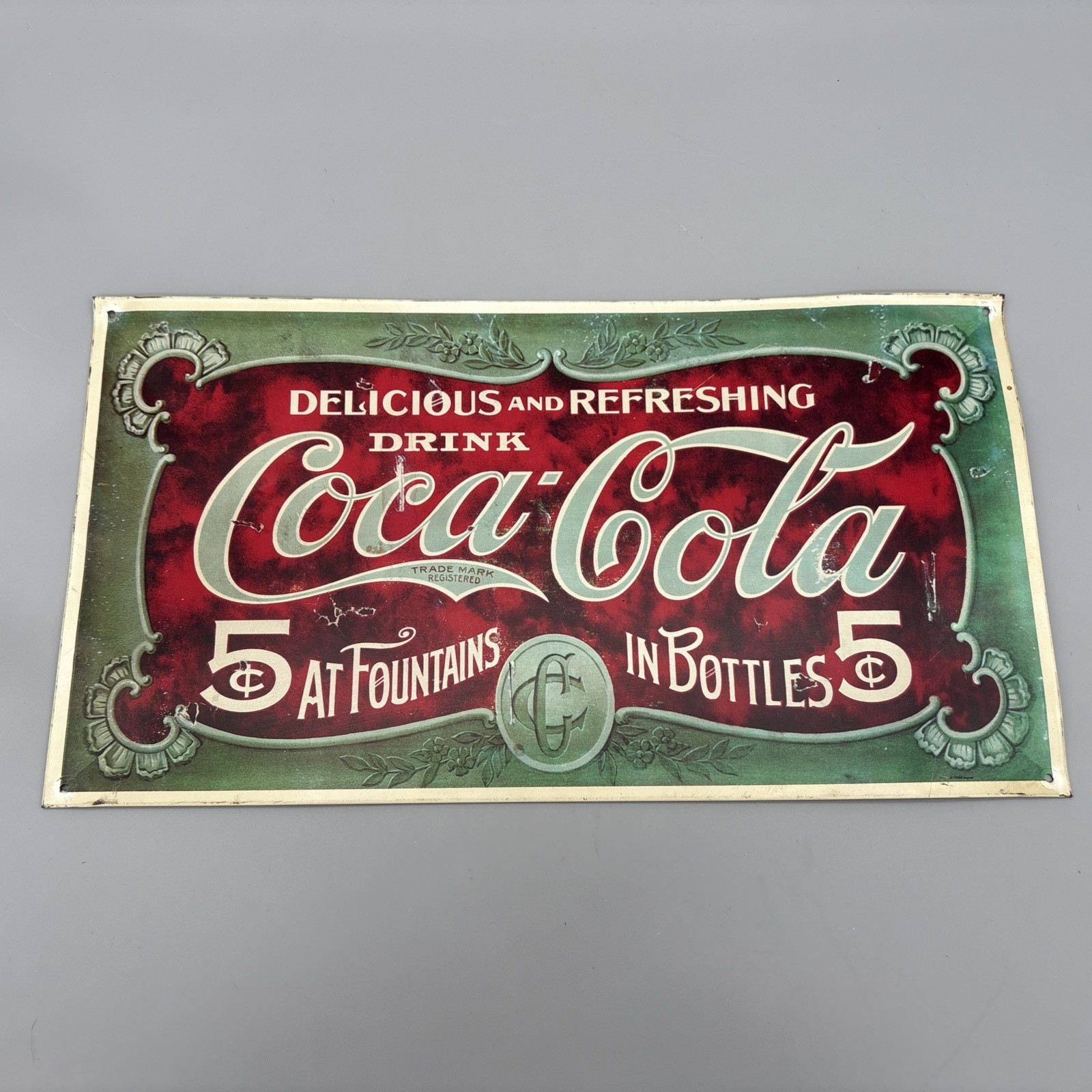 Vintage Metal Coca Cola Sign Faux Antique 5 Cents 16 in x 9 in