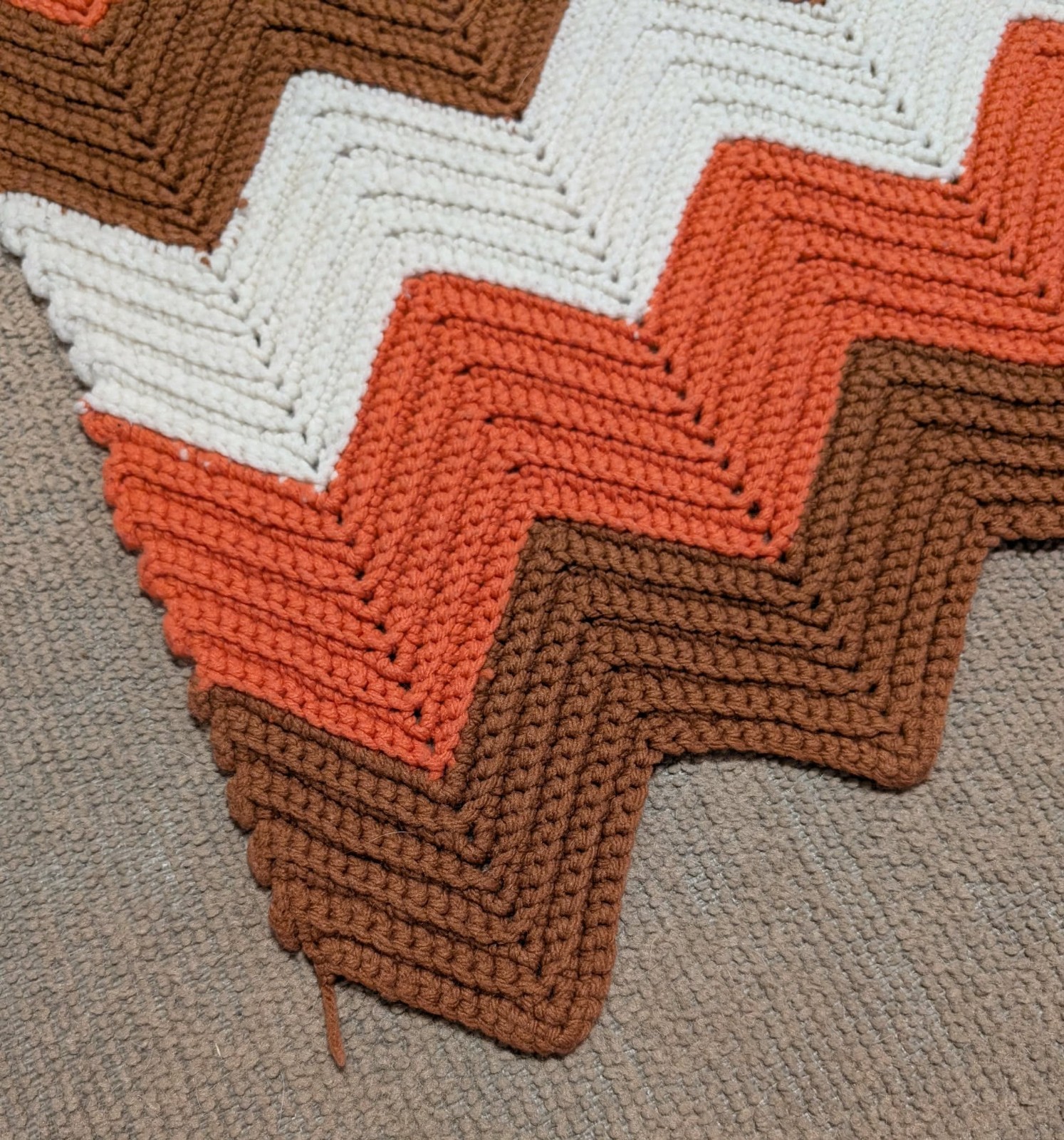Retro Handmade Brown & Orange Herringbone Zig Zag Crochet Afghan Blanket 52″x50″