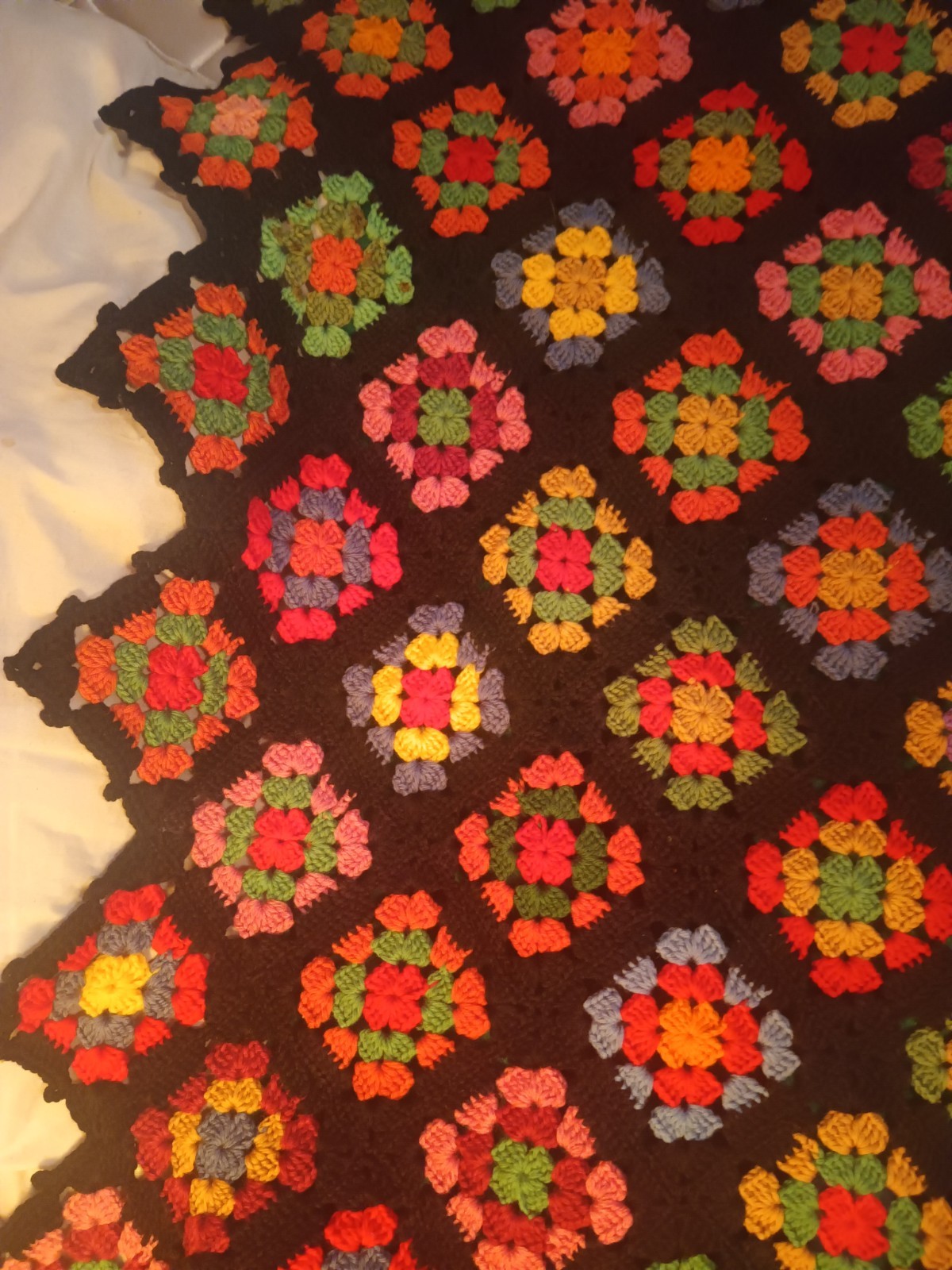 Vtg *Hand Knit Wool Colorful Granny Square Afghan Blanket/Throw*◾65″ X 53″