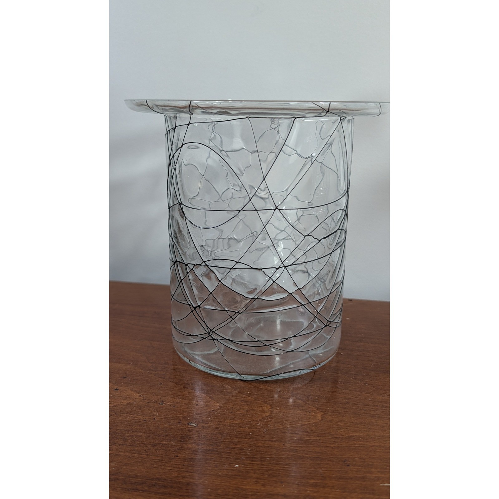 Modern Clear Art Glass Vase with Black Scribble Web Thread Design Wide Rim 6.5″