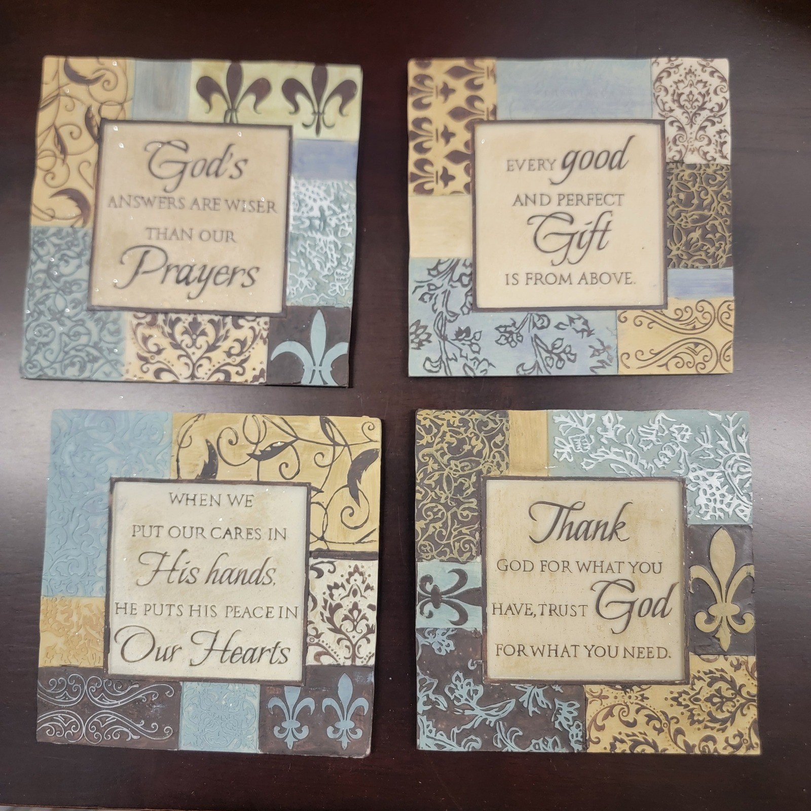 Religious Inspirational Wall Plaques Fleur De Lis Faith Quotes set of 4 Decor