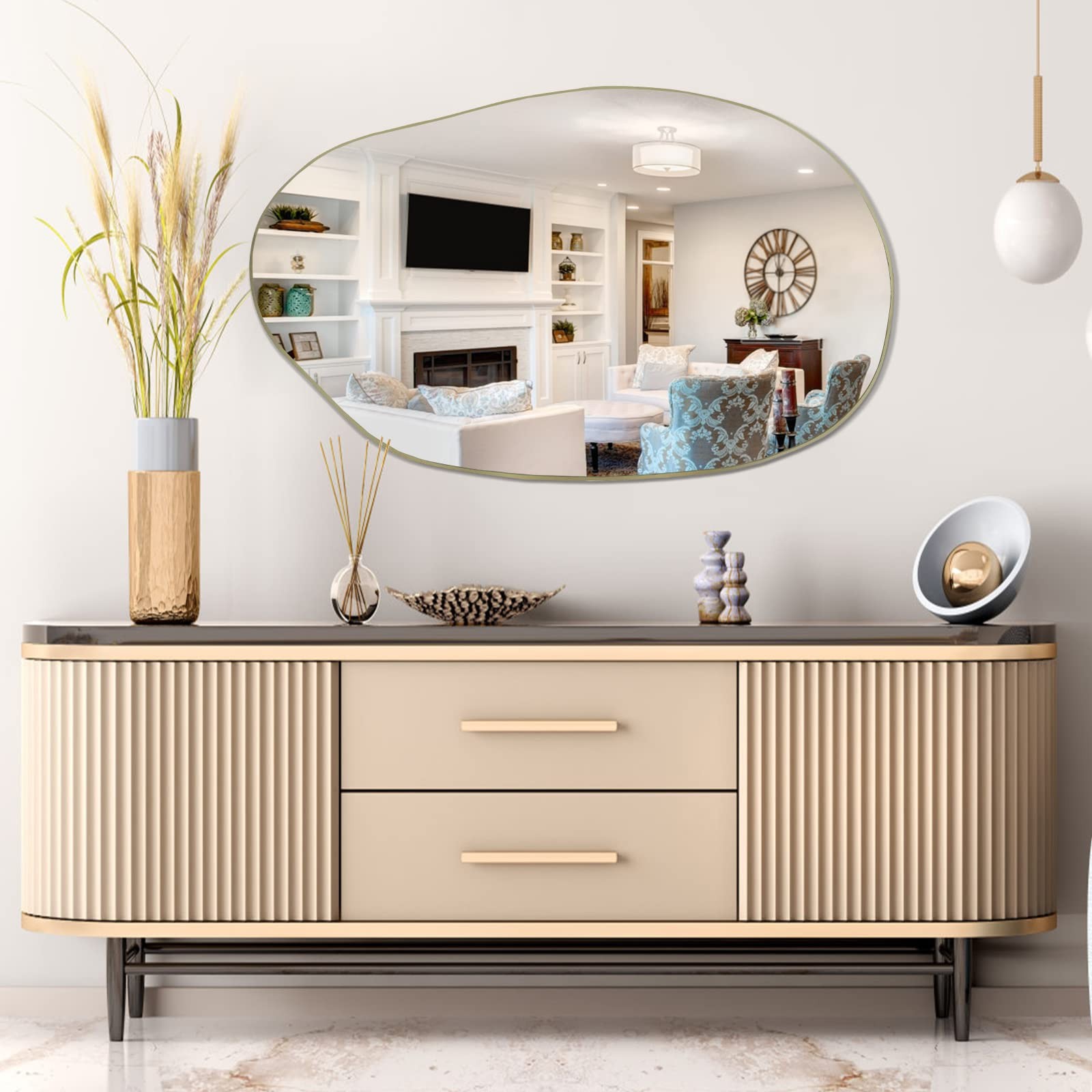 Irregular Wall Mirror, 33.5″x20.5″ Asymmetrical Frameless Decorative Mirror, …