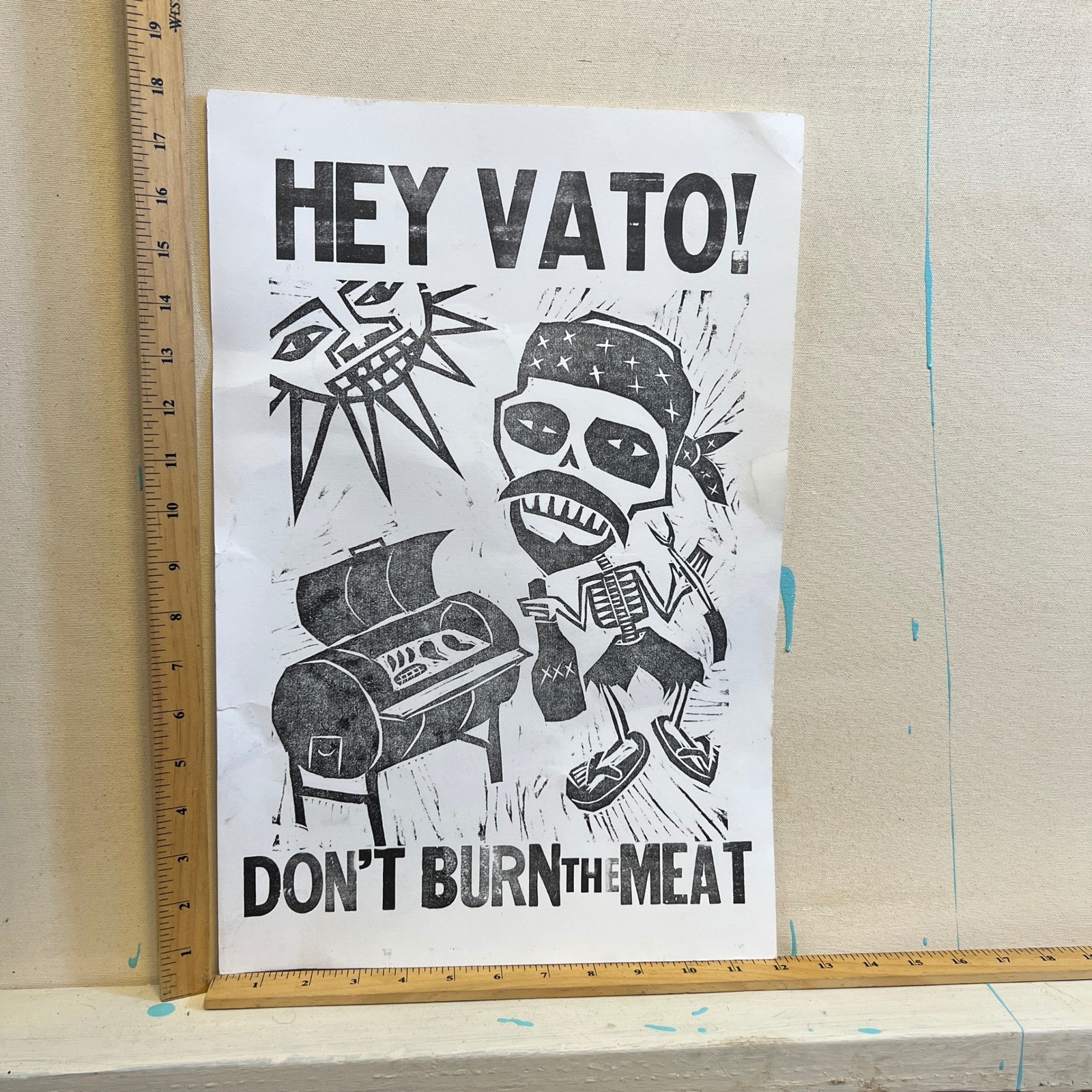 Hey Vato Don’t Burn the Meat BBQ Skeleton Poster Art Print 12x18in Funny Cholo