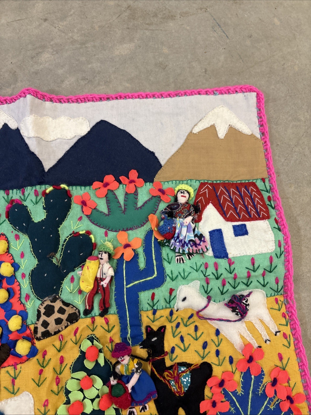 Handmade Peruvian Arpillera 3D Applique Wall Hanging 18×19 Andean Village Scene
