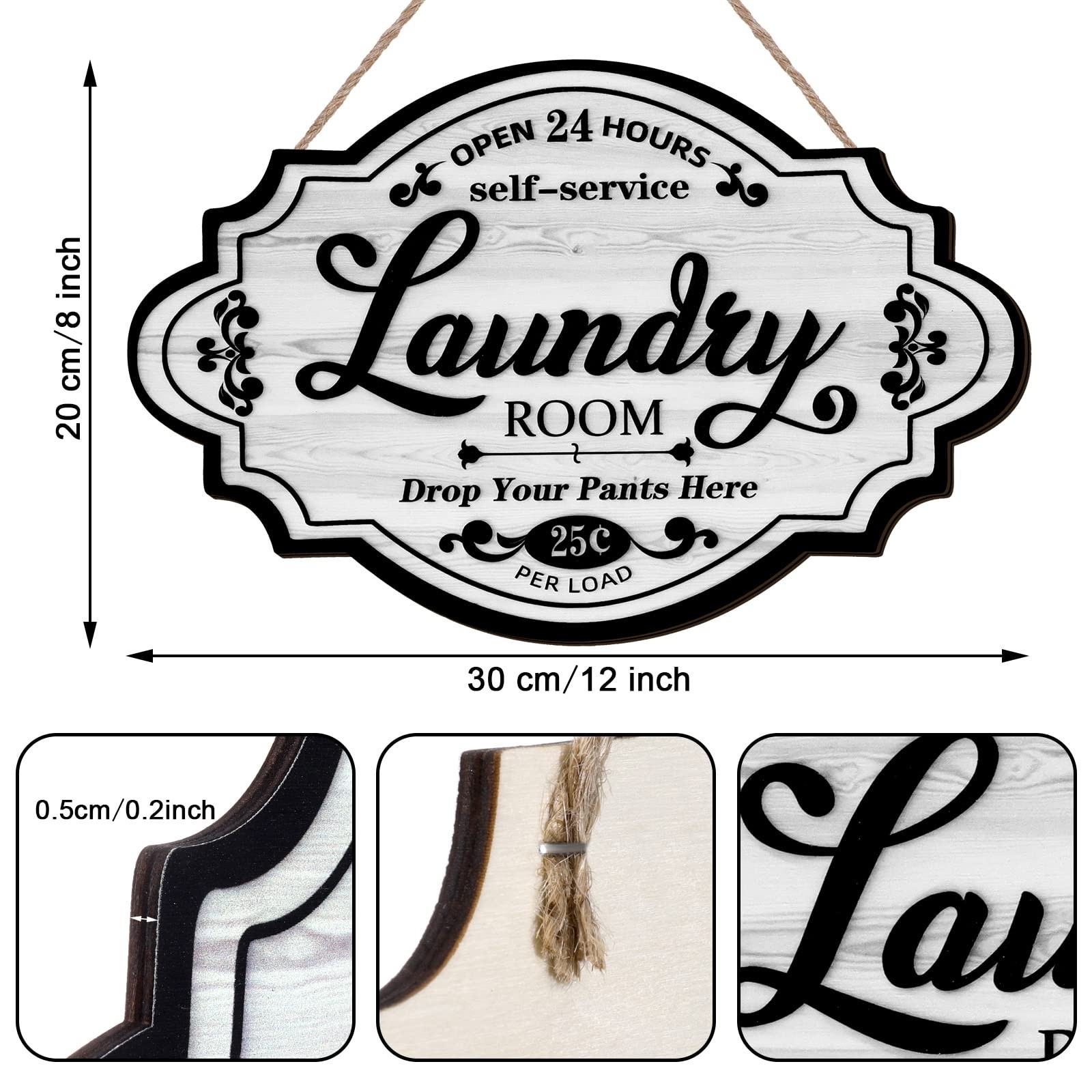 Jetec Vintage Wood Laundry Room Decor Hanging Wall Sign 12 x 8 inches, White