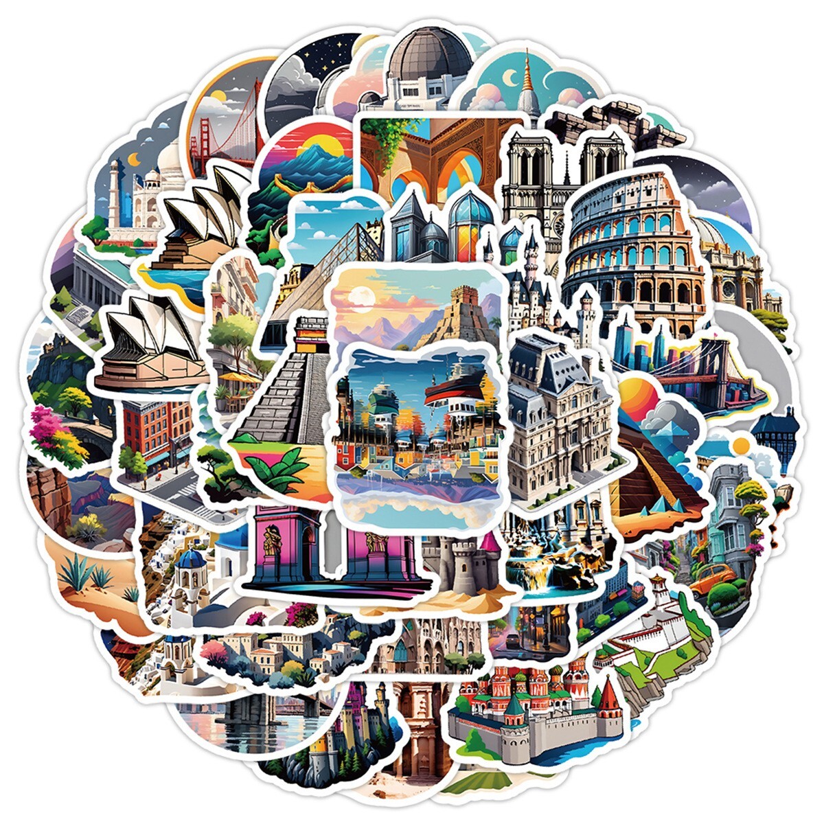 50 Pcs Stickers Iconic Landmarks Travel Trip Vacation Luggage Phone Car Fridge