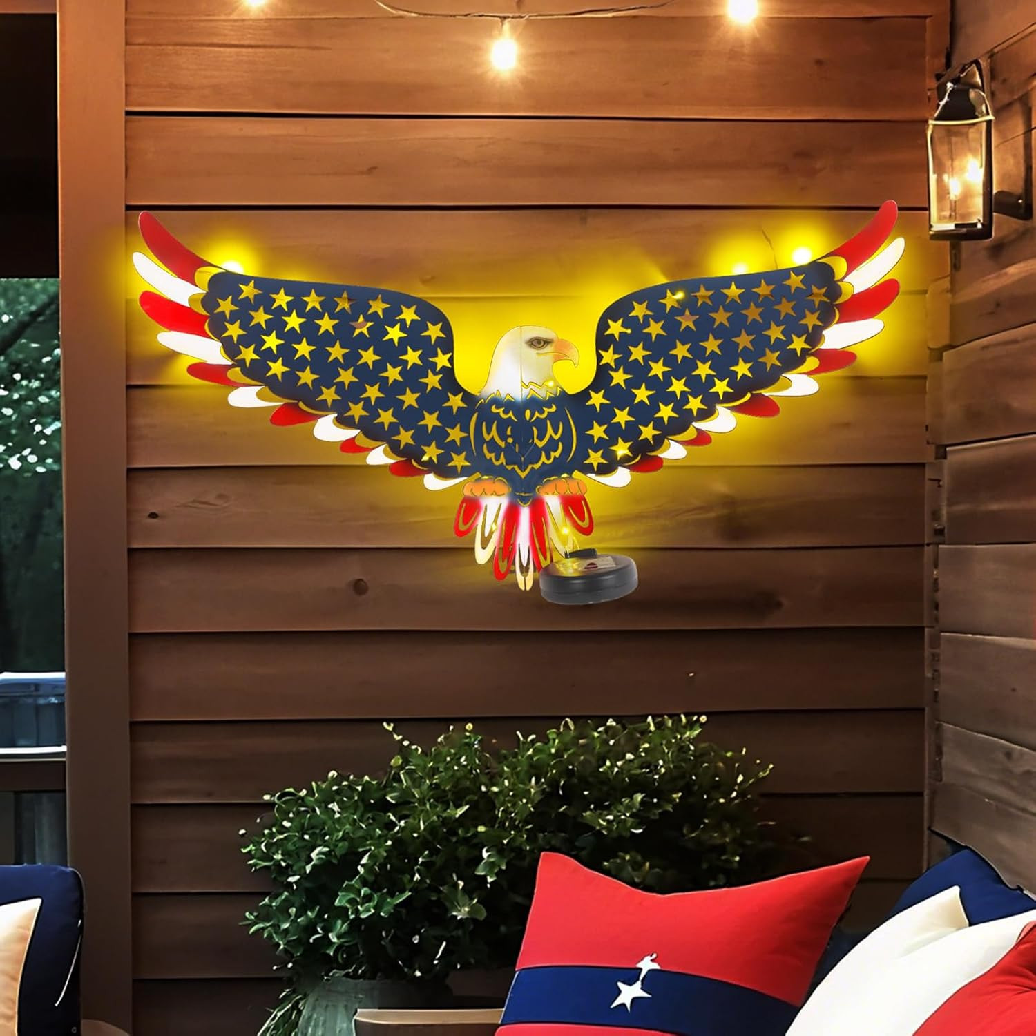 23″ American Eagle Metal Wall Art with Solar Lights Outdoor – 4Th of July Decora