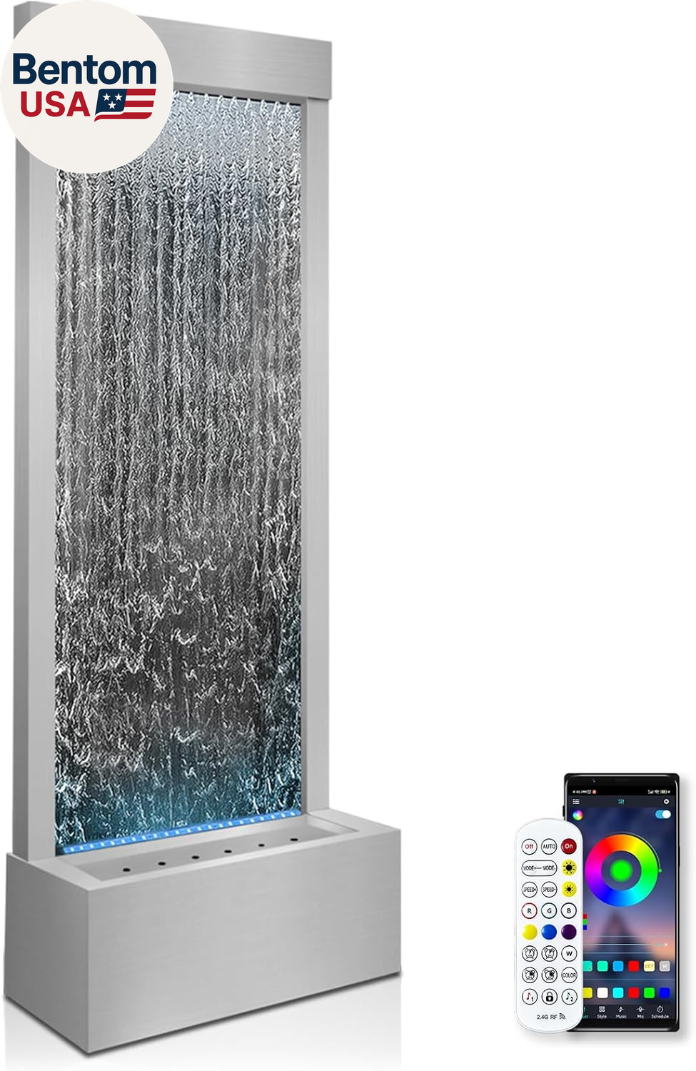 48″ Mirror Waterfall | Indoor Water Fountain with 7-Color LED Lights | Stainless