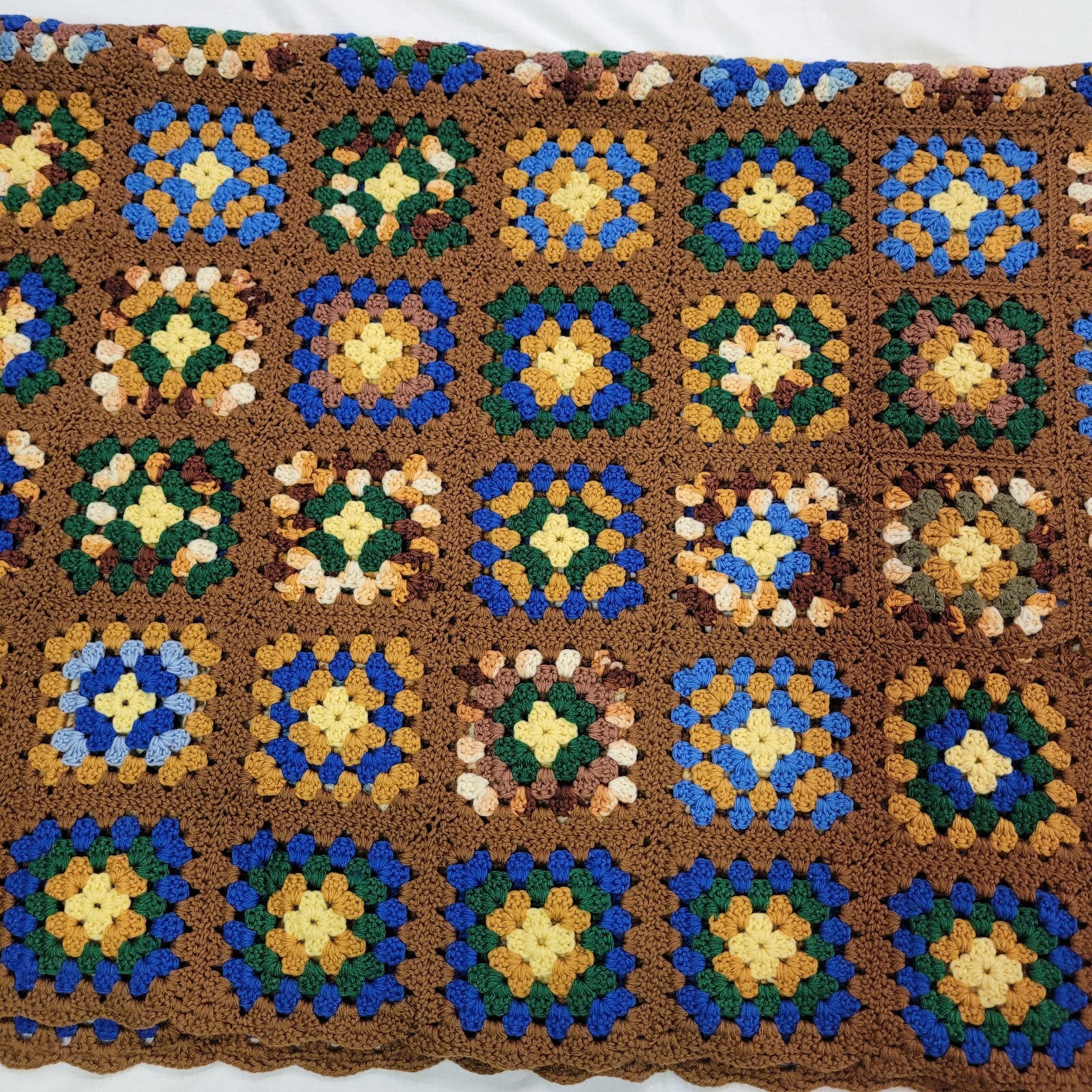 Vntg Granny Square Afghan Blanket 1970’s Brown Multicolor PARTS OR REPAIR 53×72