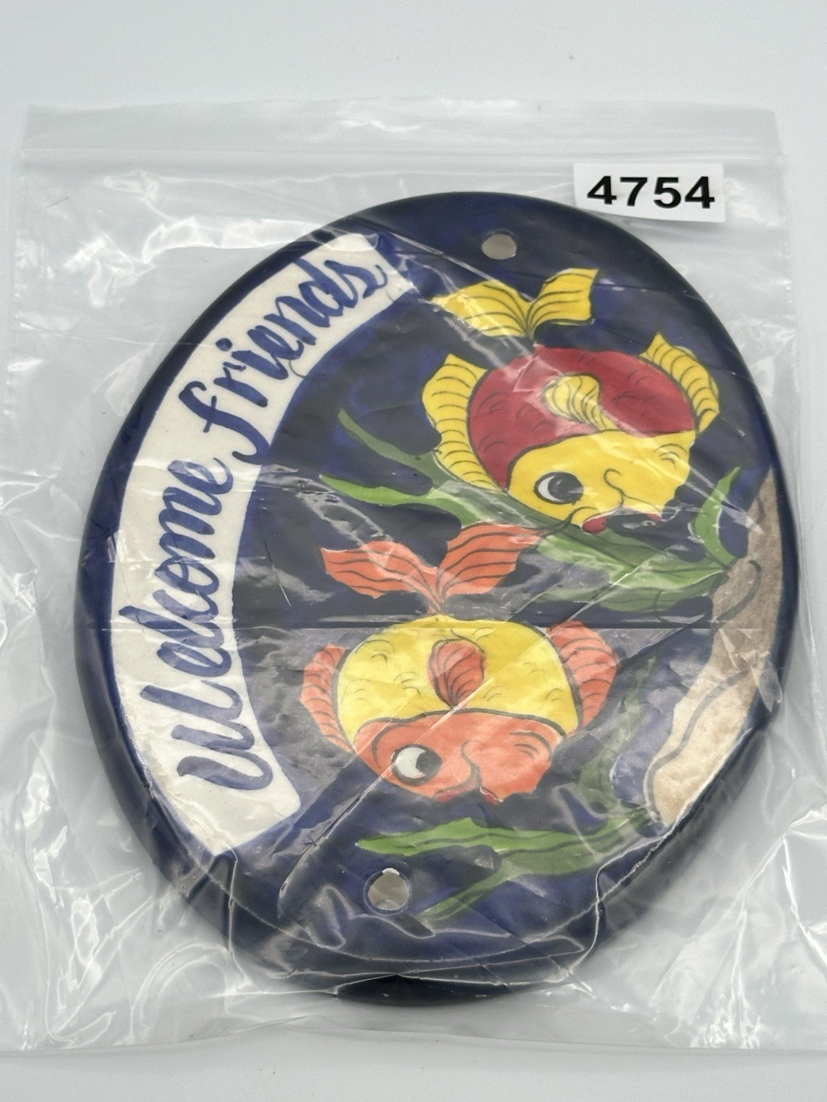 Welcome Friends Tile Hand Painted Fish Scene Oval