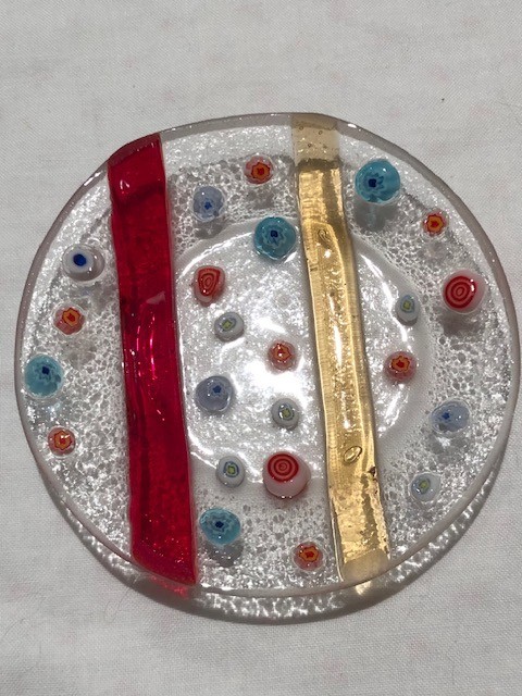 Fused Studio Art Glass Millefiori Trinket Dish Round 3.25″ Clear Stripes