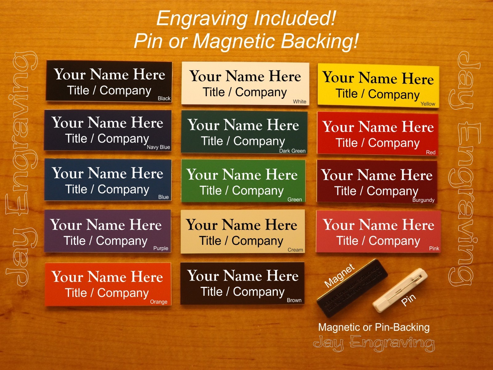 Custom Engraved 1×3 inch Name Tag with Magnetic or Pin Clasp Ohio Made Any Color