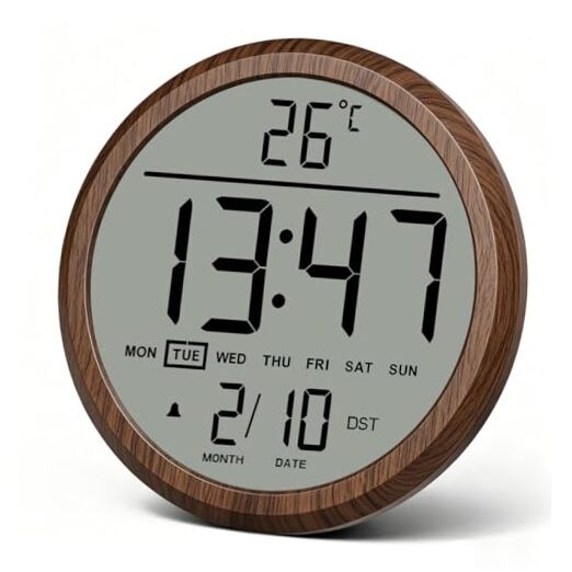 8 in Round Digital Wall Clock Battery Operated with Wood