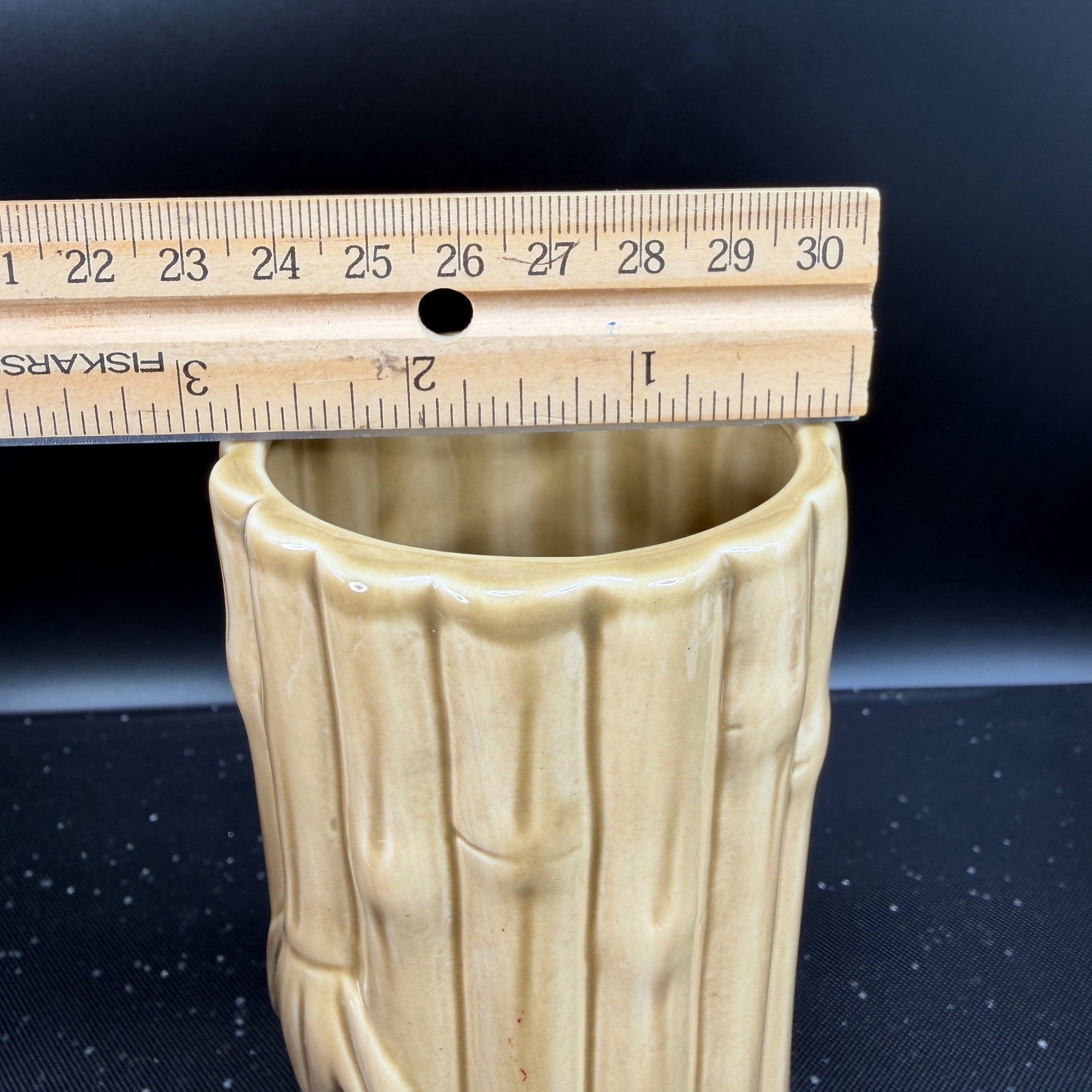 Vintage Ceramic Bamboo Vase Glossy Tan Tropical Boho Decor 6.5 Inch Tall