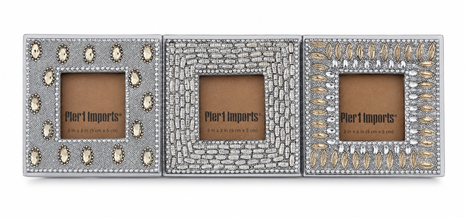 Pier 1 Imports Beaded Silver Gold Mini Picture Frames Boho Set of 3 New 2 x 2