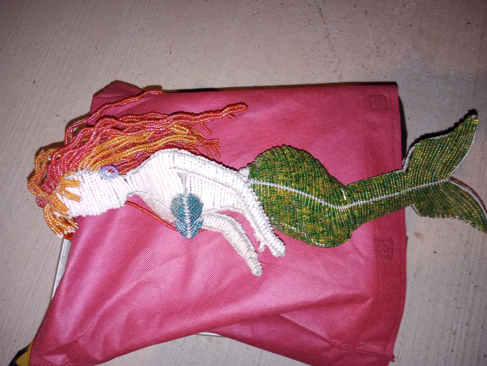 Beaded Mermaid Hanging Sculpture Red Hair 14″ VG Handmade 4.5″ Hanger Vintage