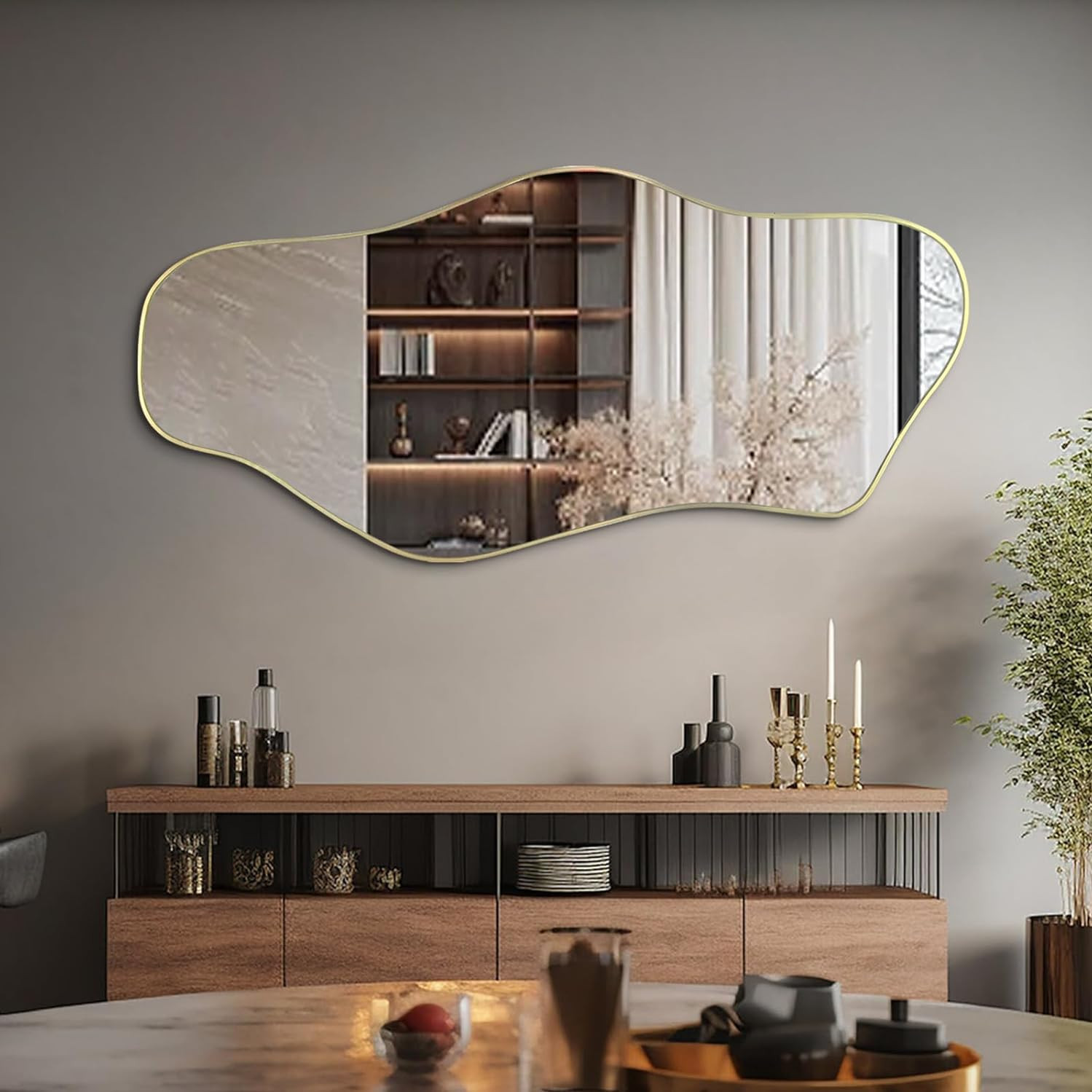 Irregular Wall Mirror, 51.1″x23.6″ Asymmetrical Frameless Mirrors, Large Modern