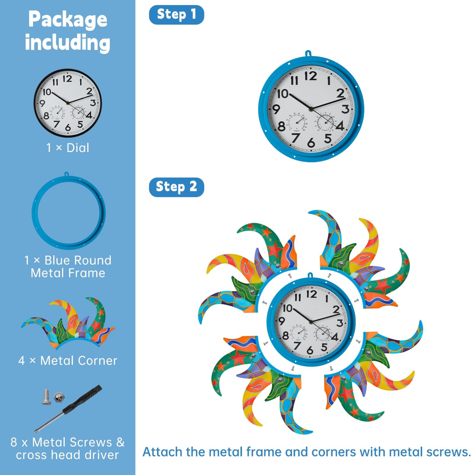 Jusimux Large Blue Sun Outdoor Clock with Thermometer and Hygrometer Combo, S…