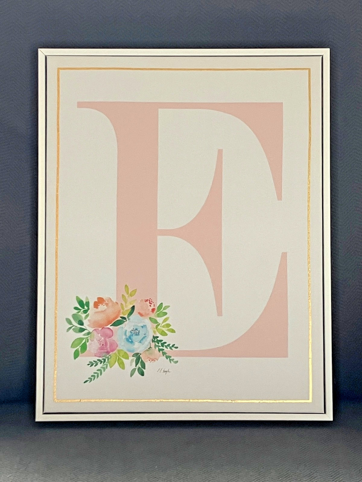Letter E canvas 11 x 14 wall art print Pink Initial Name E Shelf picture Floral