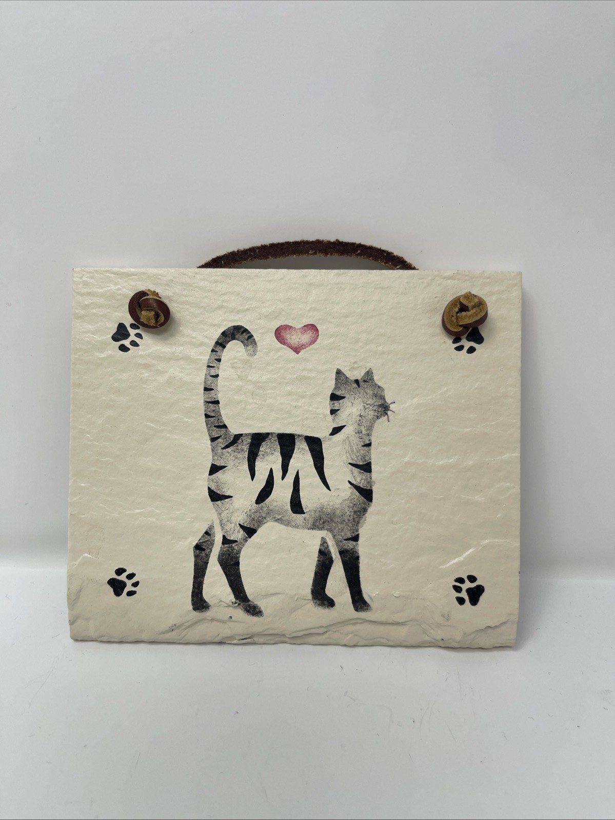 Hand Painted Slate Tile Wall Hanging Striped Cat Paws Heart Country Kitty Plaque