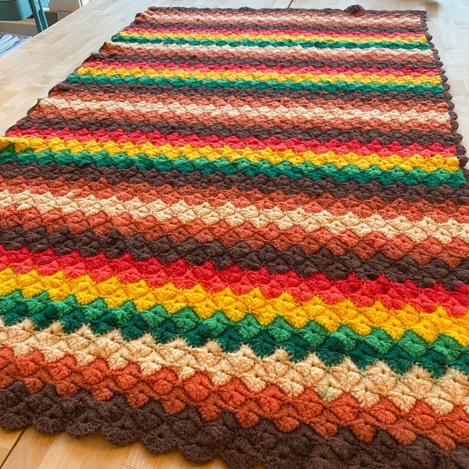 Vintage 70’s Crochet Throw Blanket Afghan Striped Brown Green Boho Granny 51×33