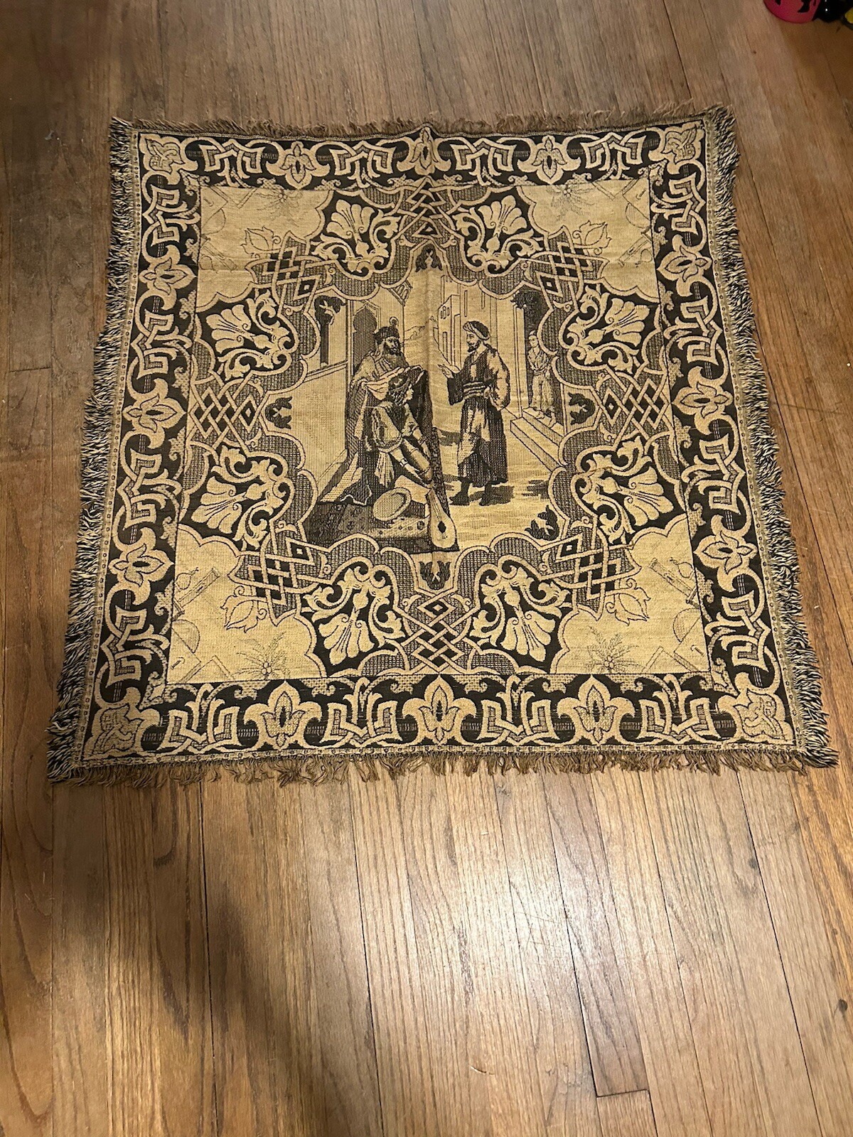 Vintage Tapestry Figural Wall Hanging Tan Brown Black Woven Fringed VGC