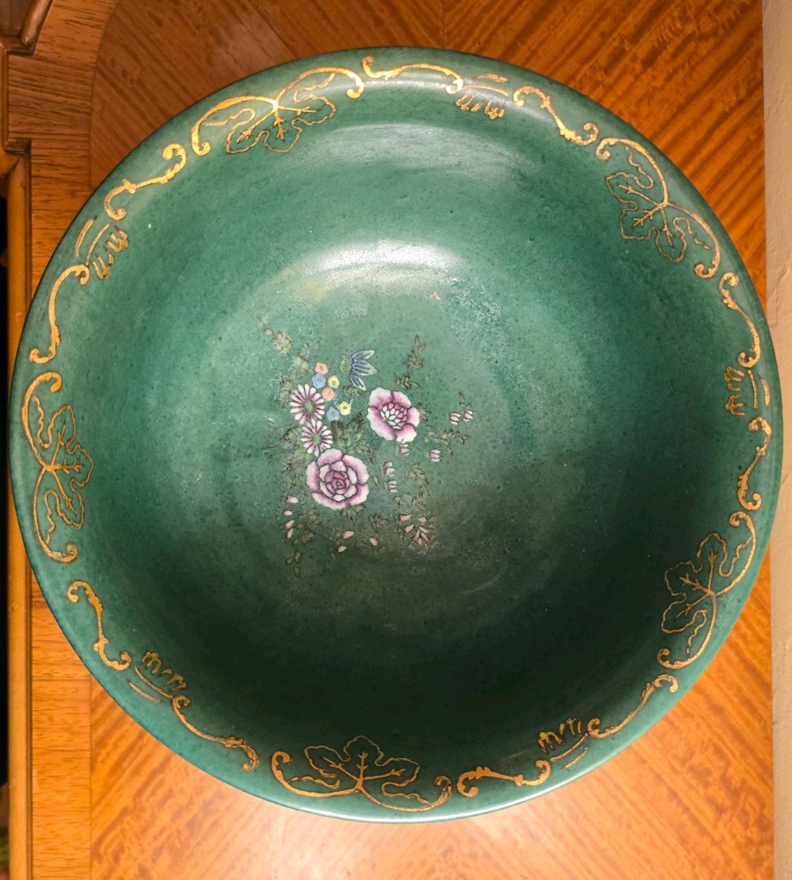10″ Green Glazed Decorative Footed Bowl w/ Enameled Floral Design & Gold Detail