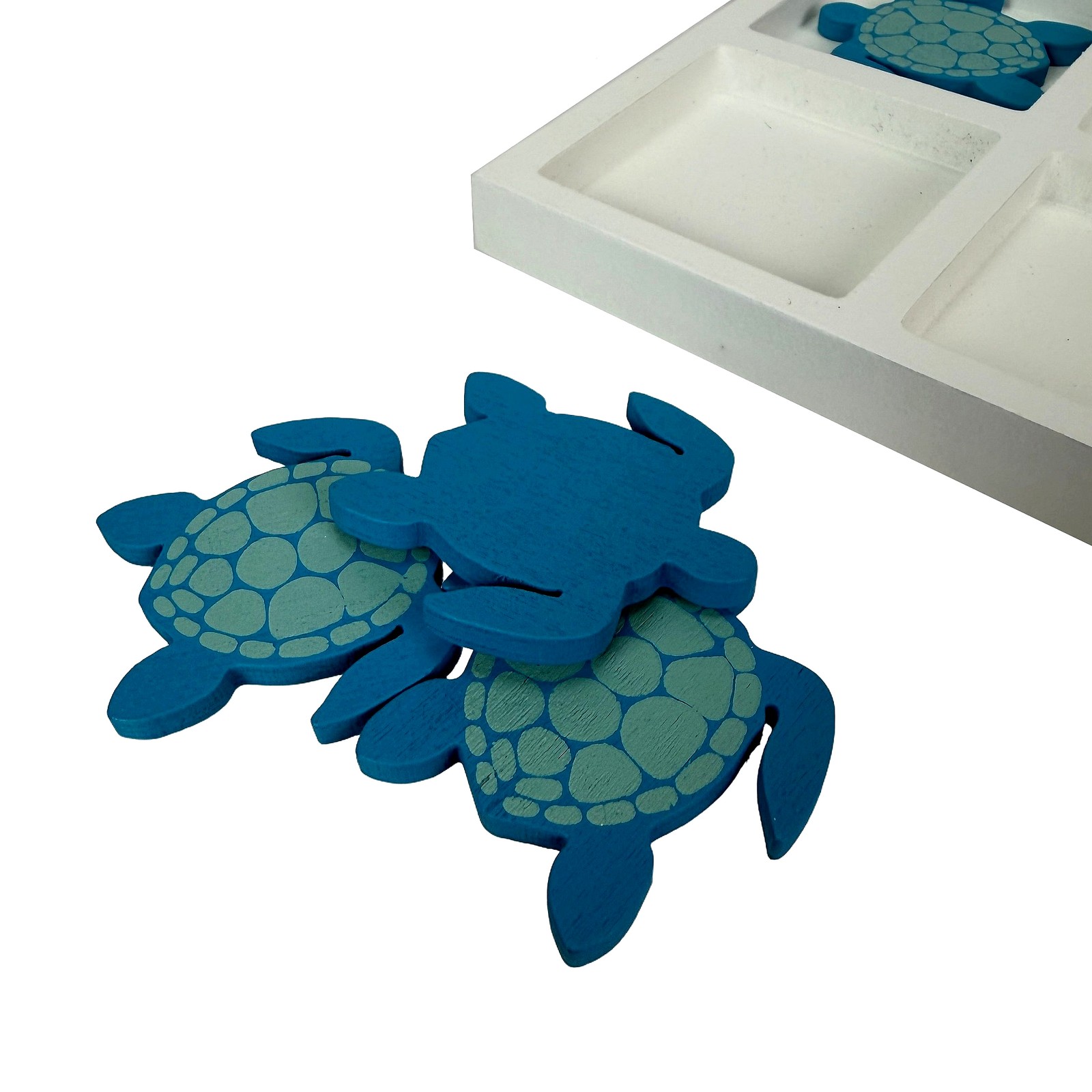 Coastal Sea Turtle Starfish Sculpture Decor Board White Blue Wood 7.75 In