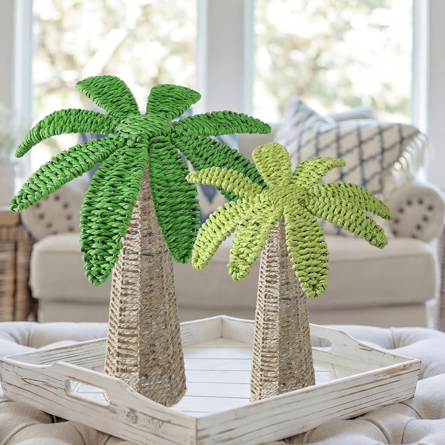 2 Pcs Weave Palm Tree Tabletop Decor, 9.8″ & 7″ Woven Rattan Palm Trees Tropical