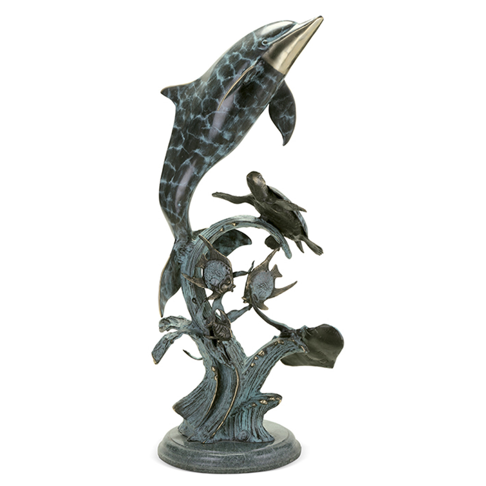 Dolphin Seaworld Sculpture Brass Marble Nautical Ocean Sealife Statue 29In H