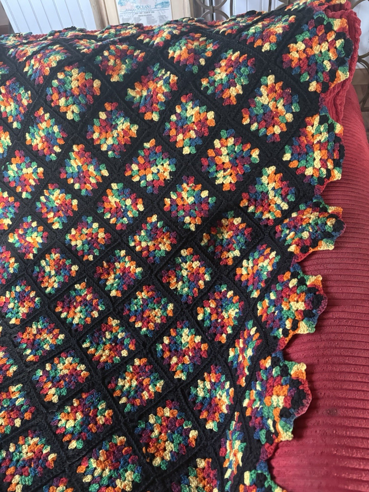 Crochet Afghan Blanket Throw Handmade Homemade USA Colorblock Rainbow 48” X 72”