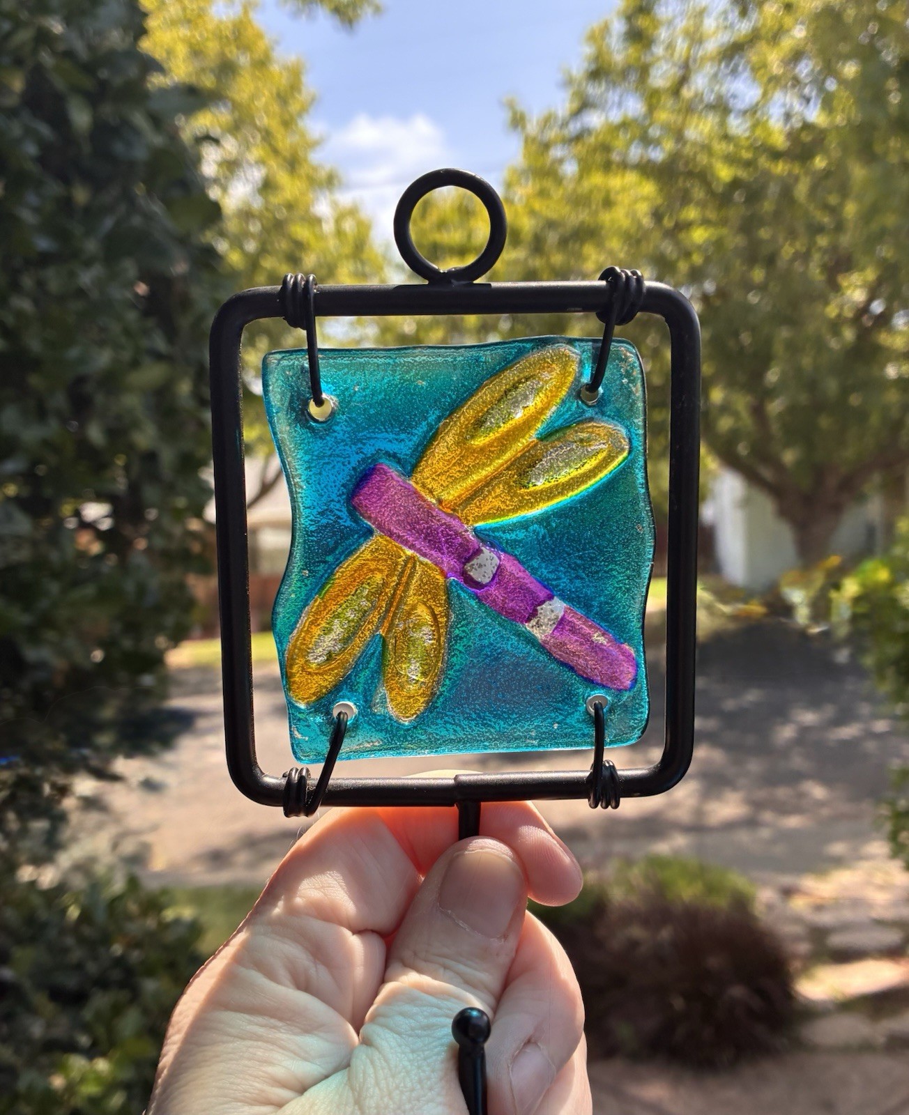 Fused Glass Dragonfly Sun Catcher Hook Iridescent Art Handmade Garden Decor