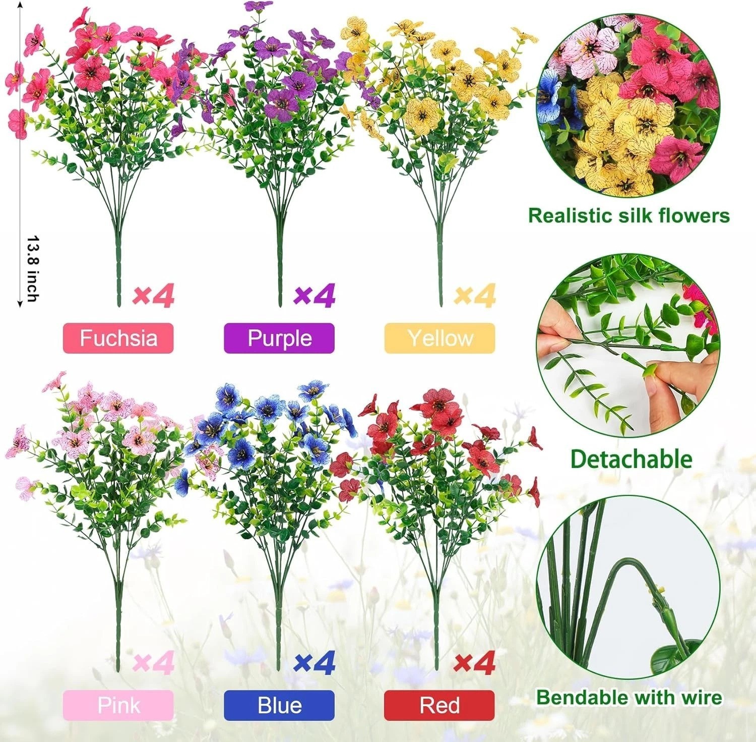 24 Bundles Artificial Flowers for Outdoors Fake Silk Flowers UV Resistant Fau…