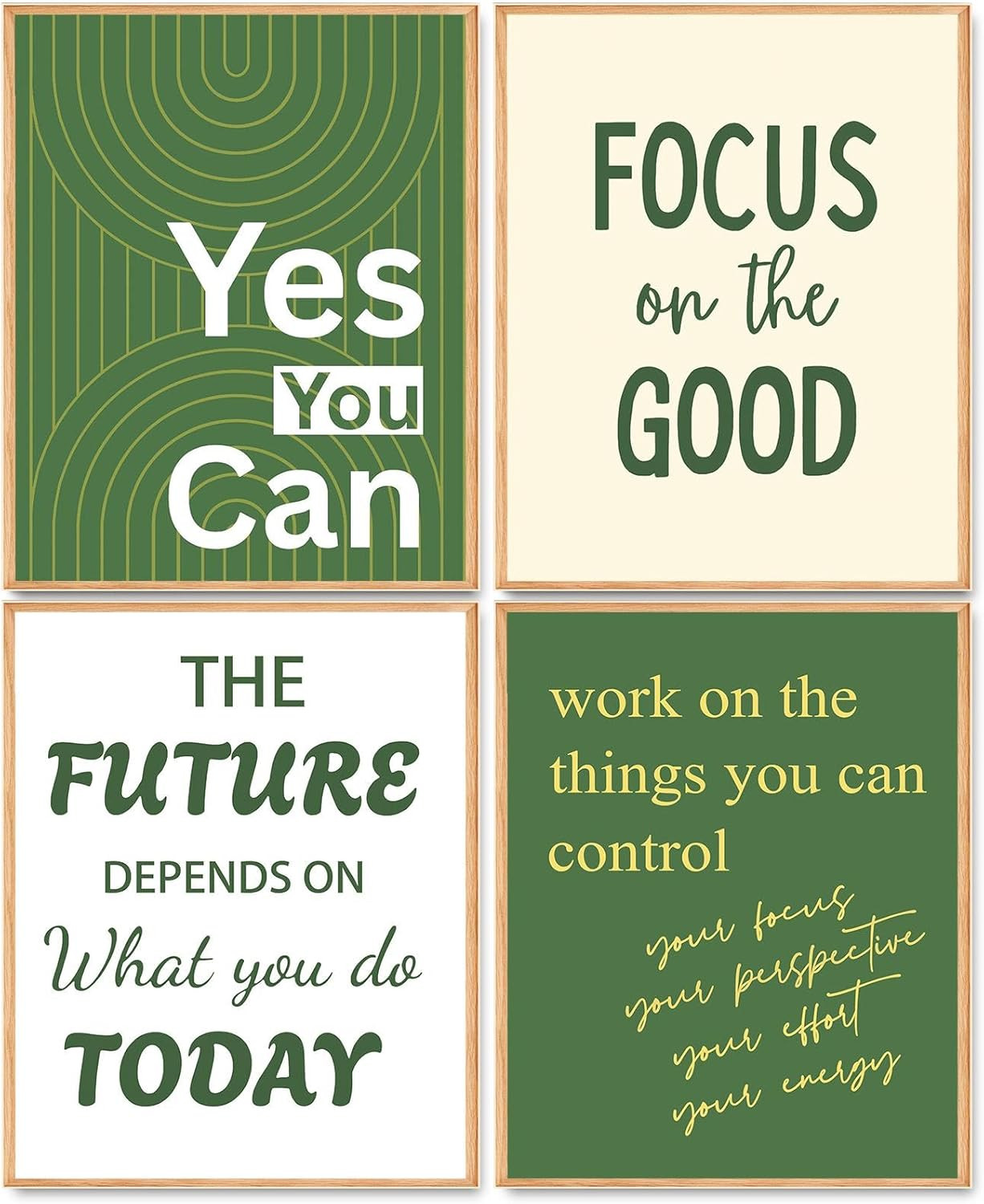 Inspirational Quote Wall Art Set of 4, Green White Motivational Artwork Poster P