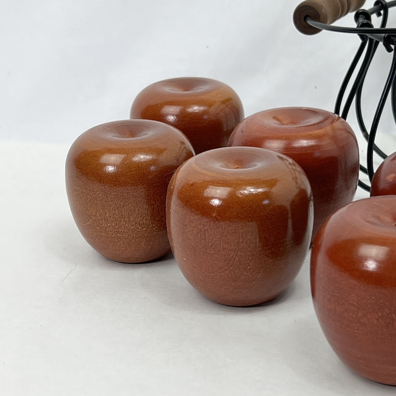 Set of 6 Decorative Wooden Apple no stem in a wired basket
